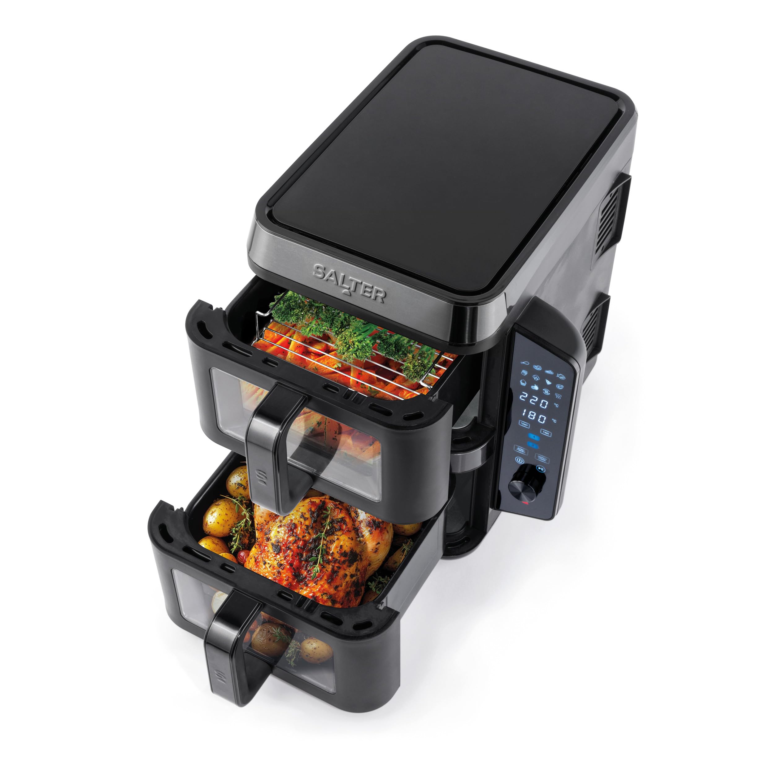 Salter Friggitrice ad aria verticale con doppio cassetto, cuoce su 4 livelli, capacità di 9L attraverso due cestelli da 4.5L, design salvaspazio, 12 funzioni di cottura con Sync & Match, senza PFAS