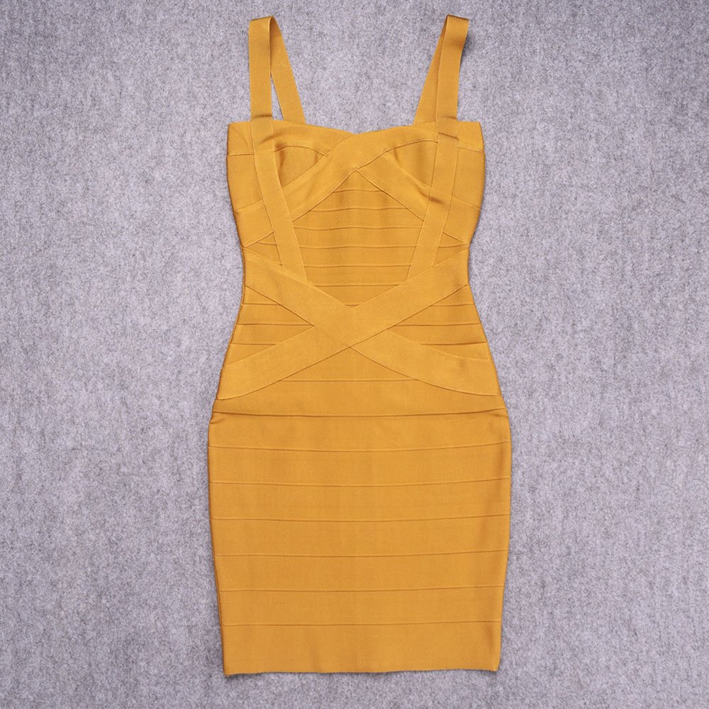 Women's Spaghetti Strap Solid Mini Rayon Bandage Dress(L,Zenzero Giallo)