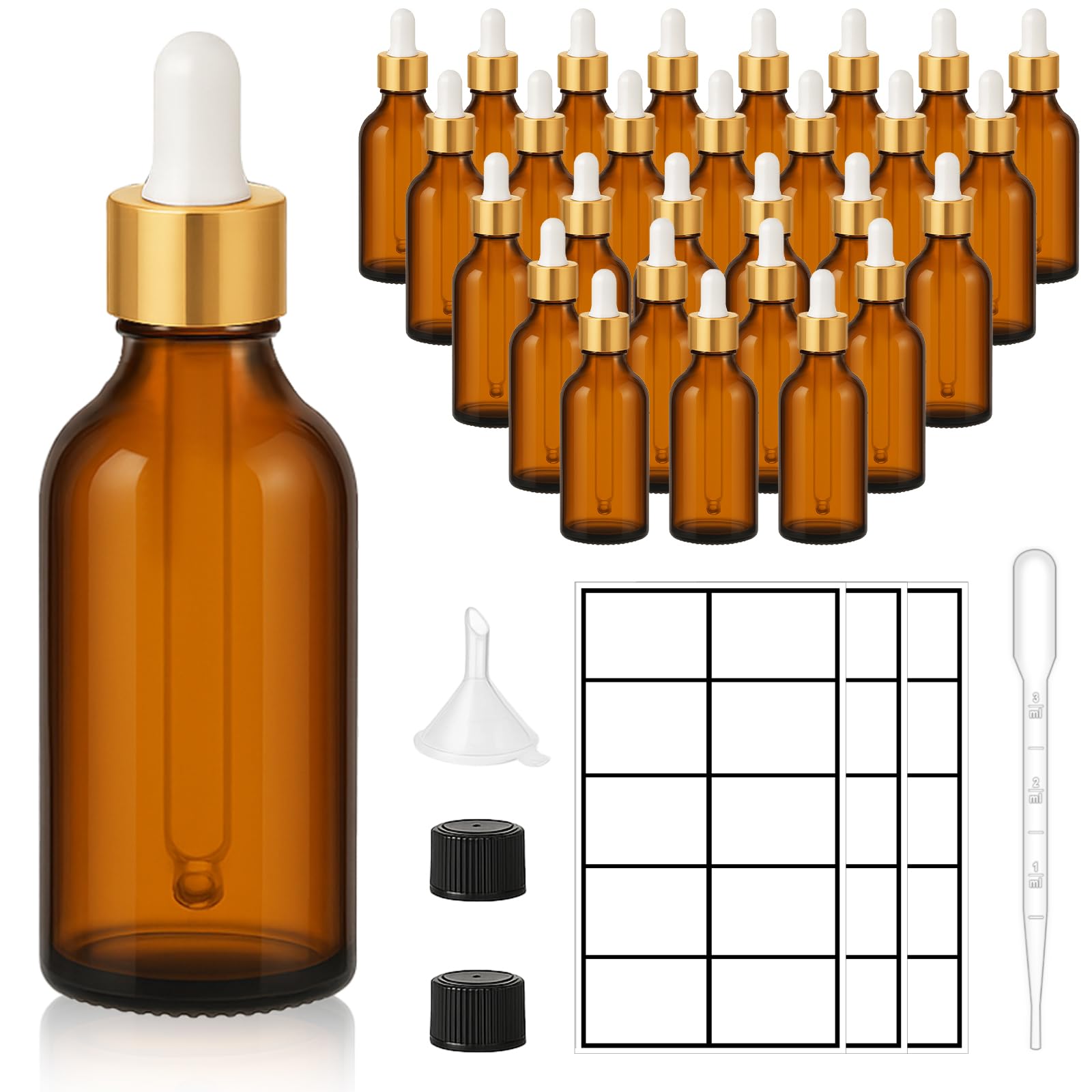 UPBUD 28 Pack 2oz Amber Glass Dropper Bottles with Gold Lids, Funnels, Droppers, Extra Caps & Labels – Leakproof, UV Resistant 60ml Empty Bottle for