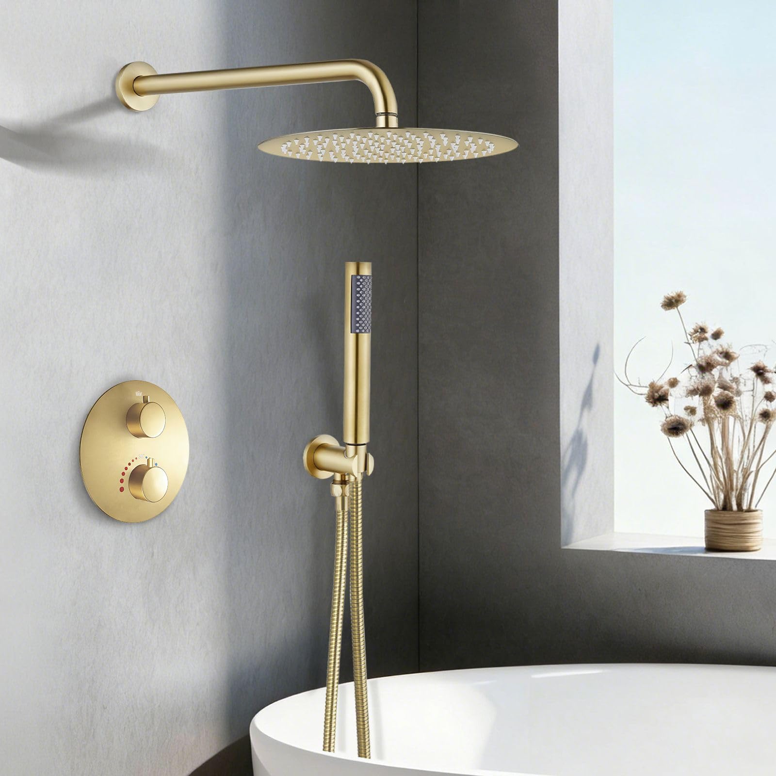 SaniteModar Ducha Empotrada con Termostato | Grifo Ducha Empotrado con Ducha de Lluvia 25cm y Rociador de Mano | Oro Cepillado