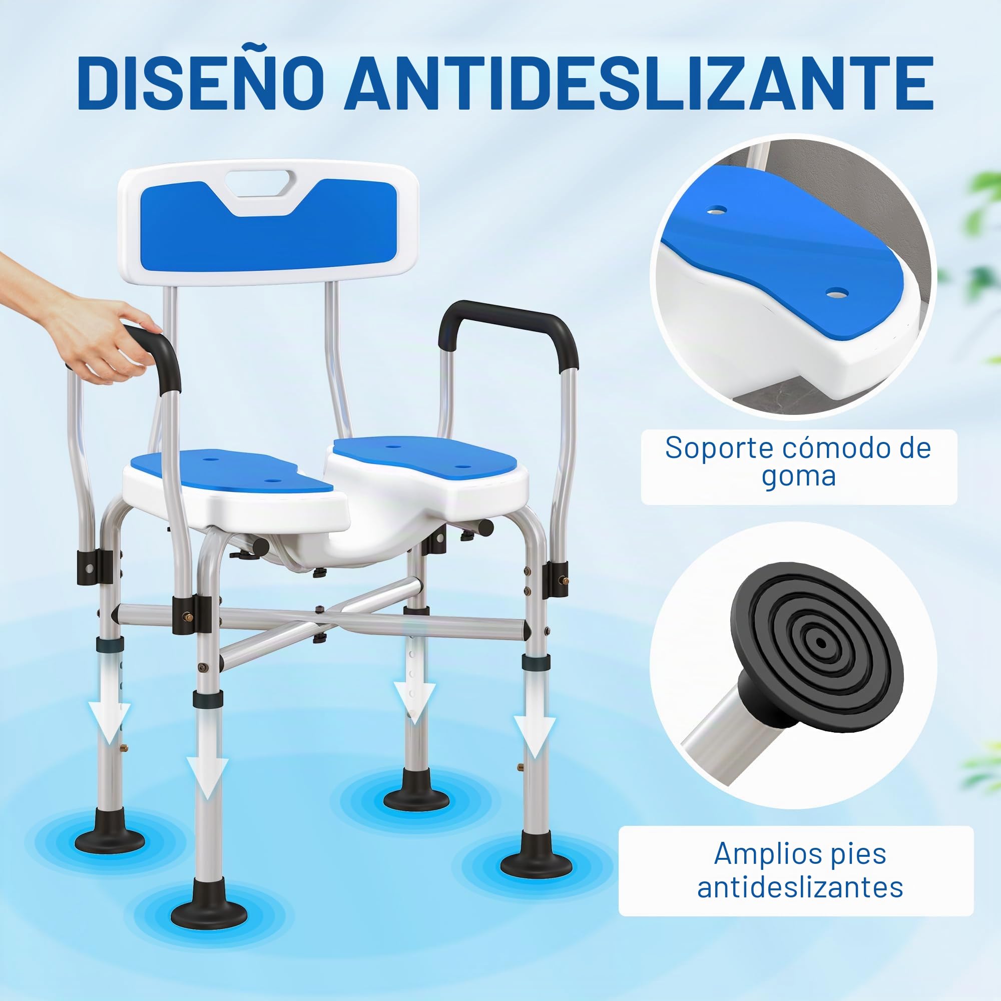 HOMCOM Silla Ducha Personas Mayores con Asiento Ranurado, 136 kg Azul | Silla de Ducha, Altura Regulable, Taburete de Baño Antideslizante, Respaldo y Reposabrazos, para Discapacitados