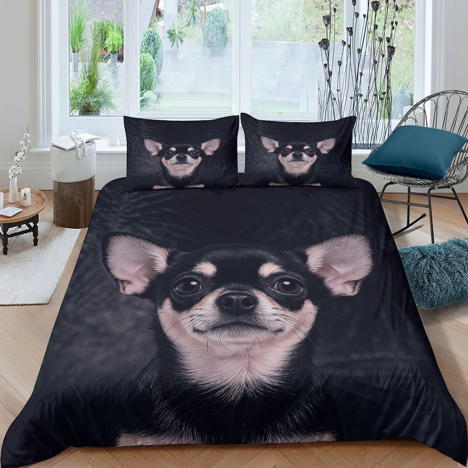 Ctjqhvkz Style-1 3D Printed Black Chihuahua Fitted Sheet Microfiber Soft Breathable Dog Face Bed Cover For Bedroom Dorm Mattress Decor Single（135X200cm）