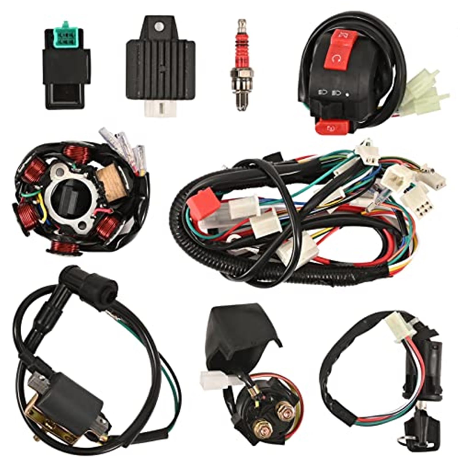 Cablaggio completo for quad, elettrico, bobina statore a 6 poli, relè solenoide, candela, for ATV a 4 tempi, 50 cc, 70 cc, 90 cc, 110 cc, 125 cc, pit quad, dirt bike, buggy, go kart Kit candel