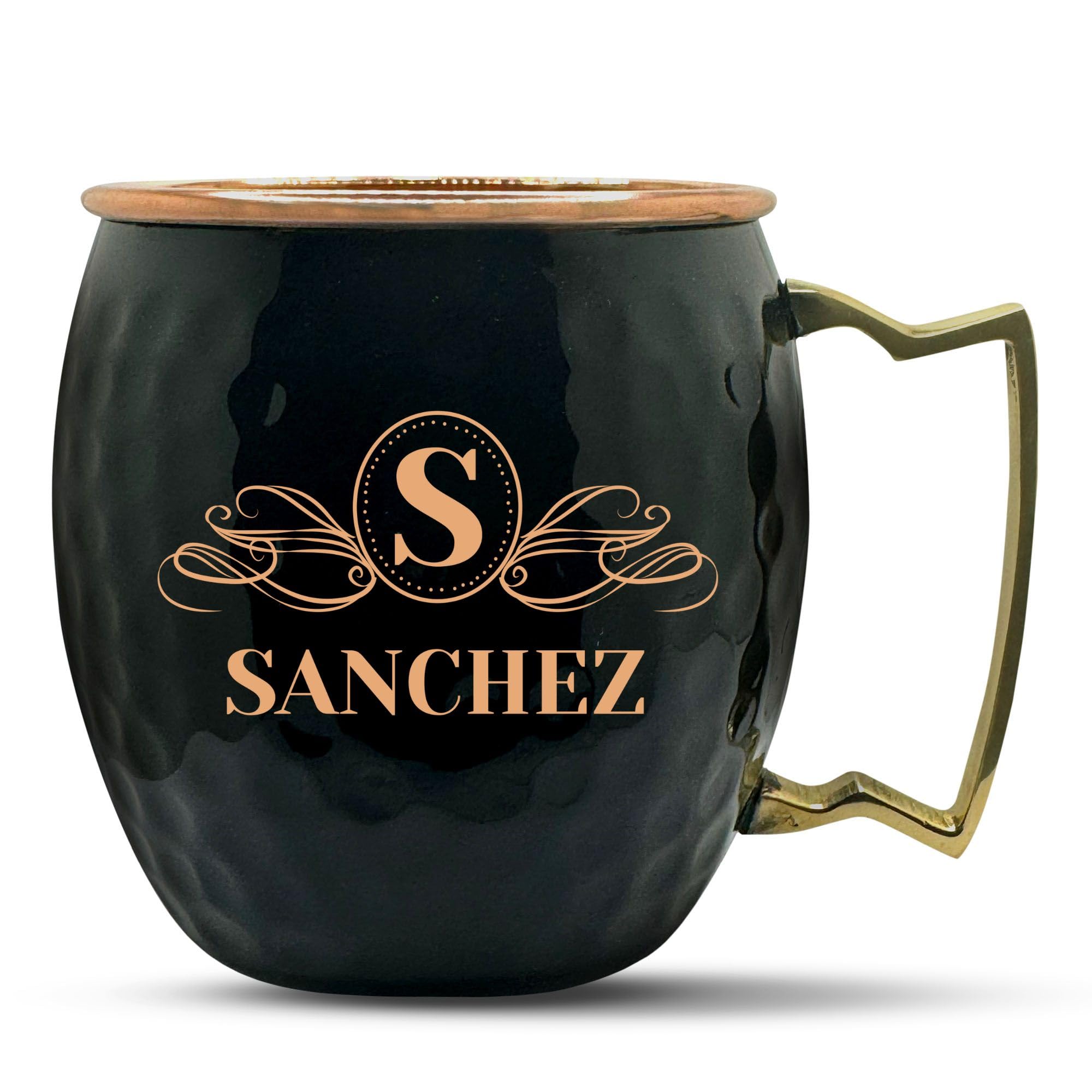 Personalized Custom Copper Moscow Mule with Hammered Painted Finish - Engraved Bar Style 100% Copper Cup with Custom Ribbon Initial Family Monogram Engraving, Brass Handle | 18 oz, Black