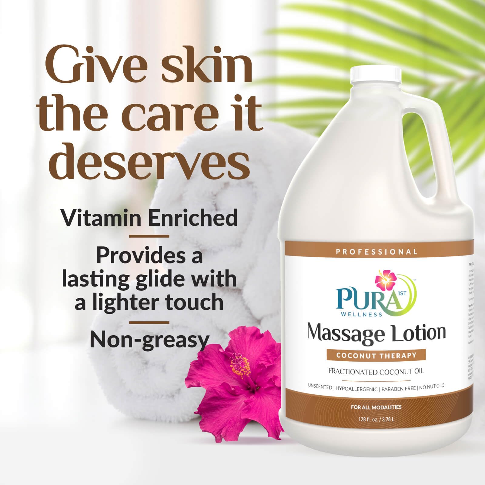 PURA 1ST Professional Coconut Therapy Massage Lotion, Coconut Oil, Unscented, Hypoallergenic, Non-Greasy, Natural, Skin Moisturizing, Deep Tissue, Hydrating, Wellness, Physical Therapy, 128oz Bottle
