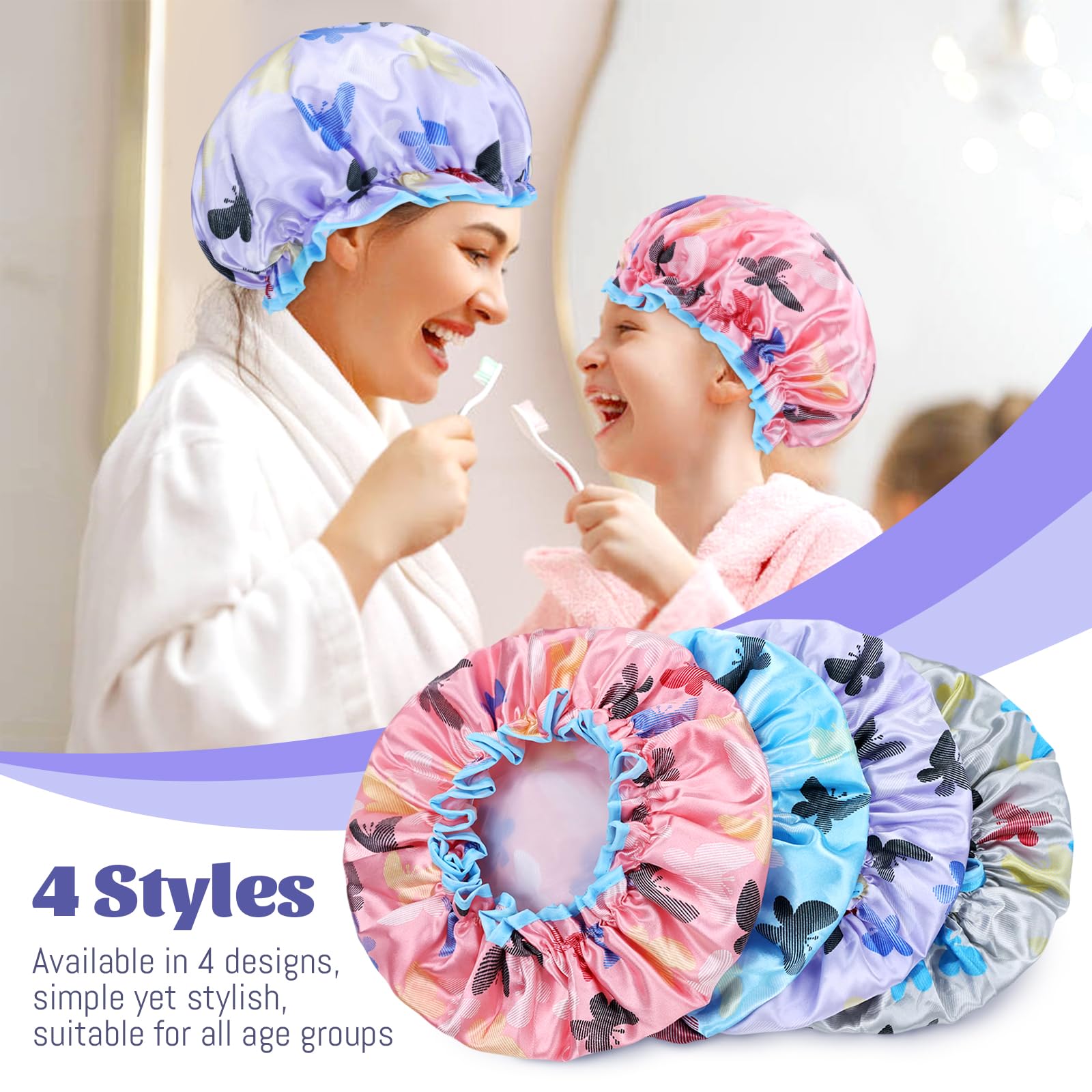 Yoosit 4 PACK Large Waterproof Satin Shower Caps Adjustable Bath Hair Caps Silky Fabric Lined Bathing Hair Cover Wraps Bonnets Hair Protector for Women Girls (Butterfly Colors) - Image 4