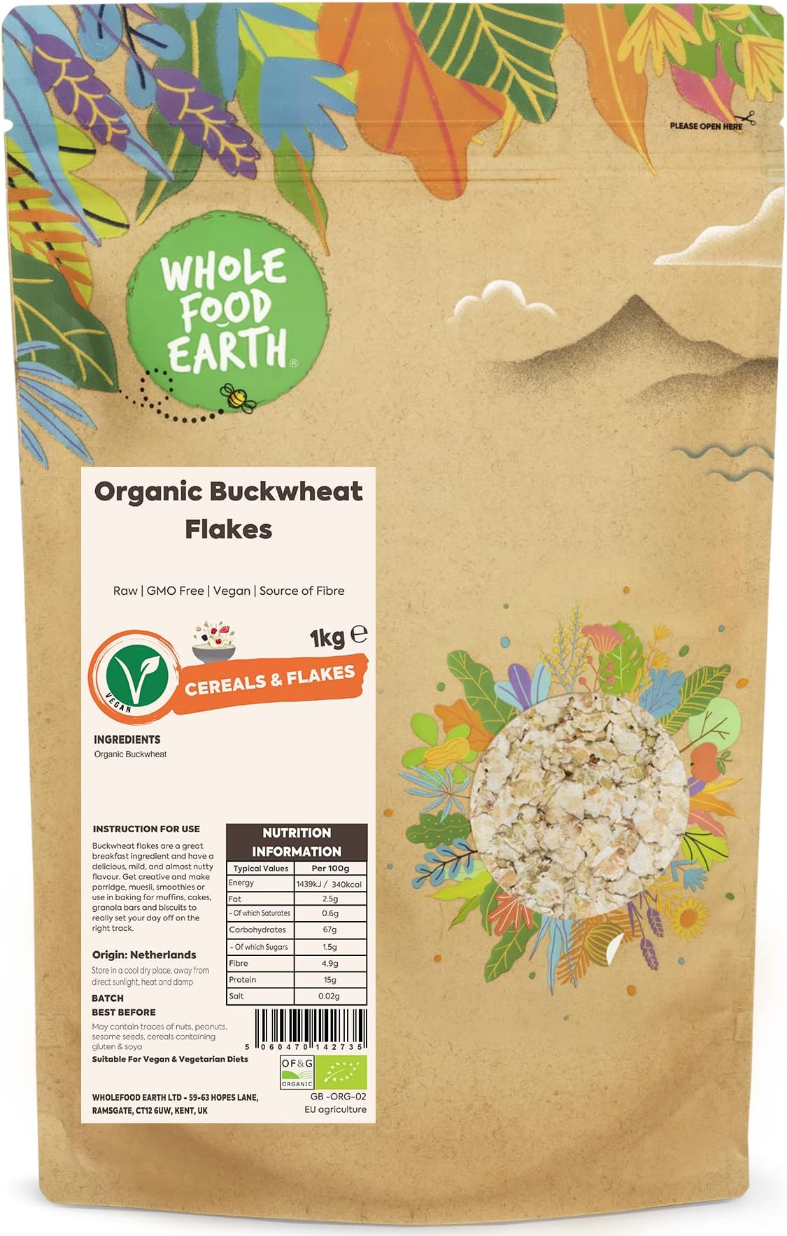 Wholefood Earth Organic Buckwheat Flakes โ 1 kg | Raw | GMO Free | Vegan | Source of Fibre | Certified Organic