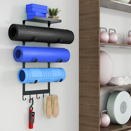 Miniatura 8 de LSK Soporte de pared para esterilla de yoga, estante de almacenamiento de alfombrillas de yoga negras, almacenamiento de gimnasio en casa con