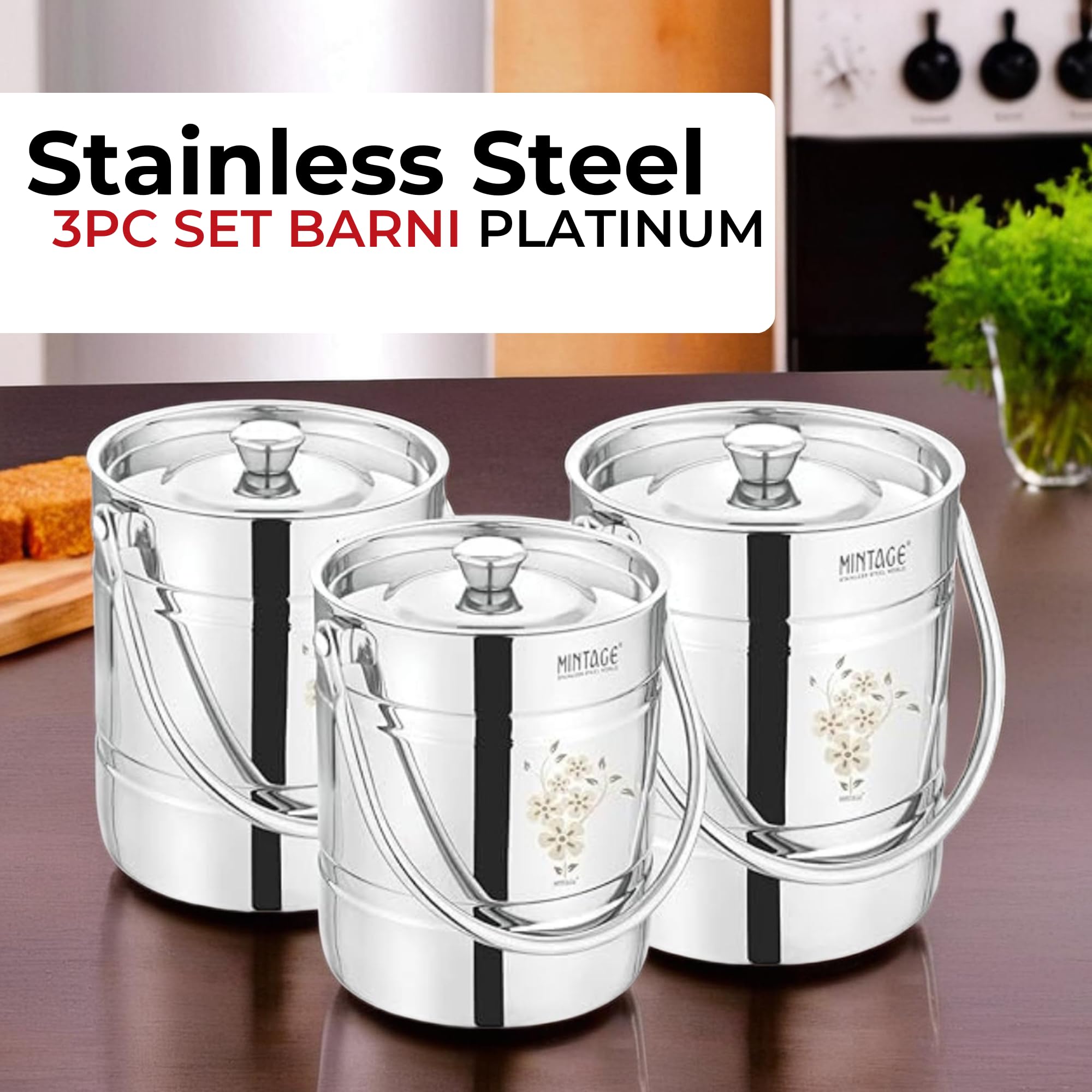 Mintage Laser Milk Barni Stainless Steel 4+5+7 litres Set of 3 |Oil Dolu Jar Ghee Dolchi | Heavy Body Steel Container with Lid | Storage Can | Strong Safe Durable Multipurpose Kitchenware Daily Use 2