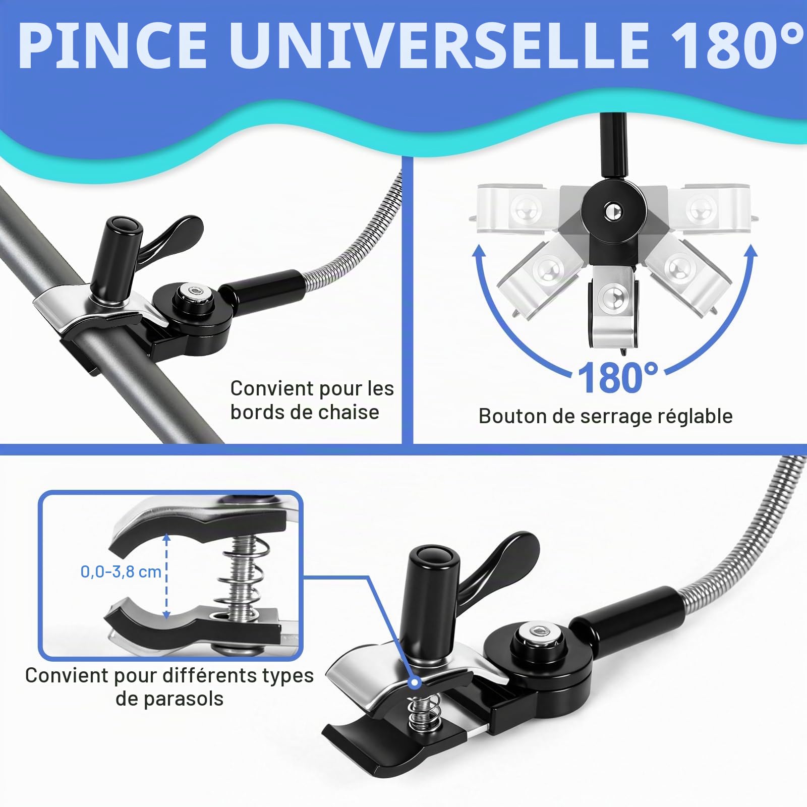 Lot de 2 parasols de plage pour chaise avec pince universelle, réglables à 360°, protection UV SPF 50+, parasol portable avec clip pour chaises de plage, poussette et chariot de golf