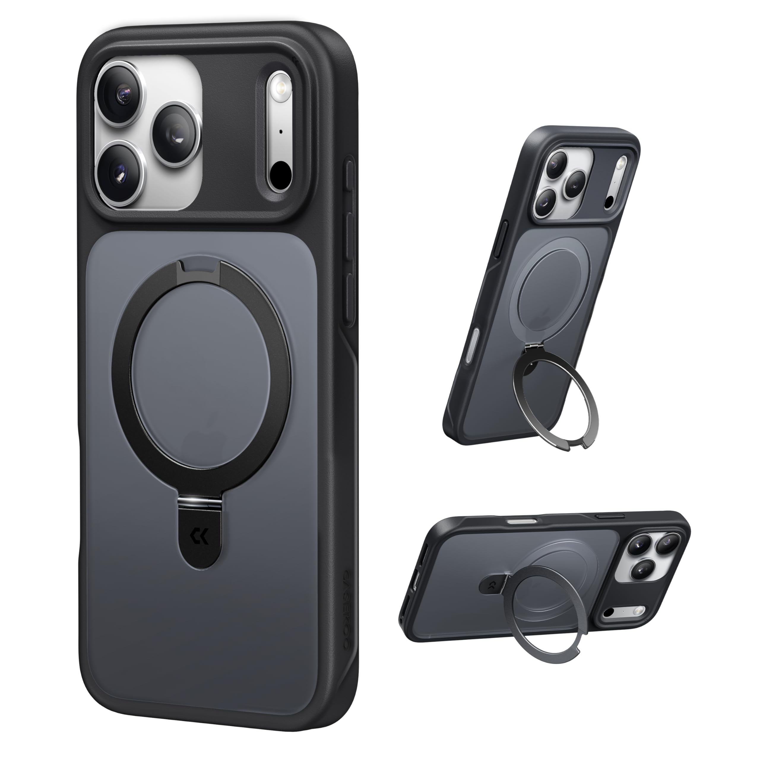 【11年の匠心開発 高耐久スタンド構造】CASEKOO for iPhone 17 Pro Max ケース【3倍米軍MIL規格 耐衝撃／MagSafe対応】隠しスタンド 縦横立て対応 リング機能 マット仕上げ 指紋防止 黄変防止 半透明 ストラップホール付き 特許設計「MagicStand」for いphone17promax ケース 6.9（ブラック）