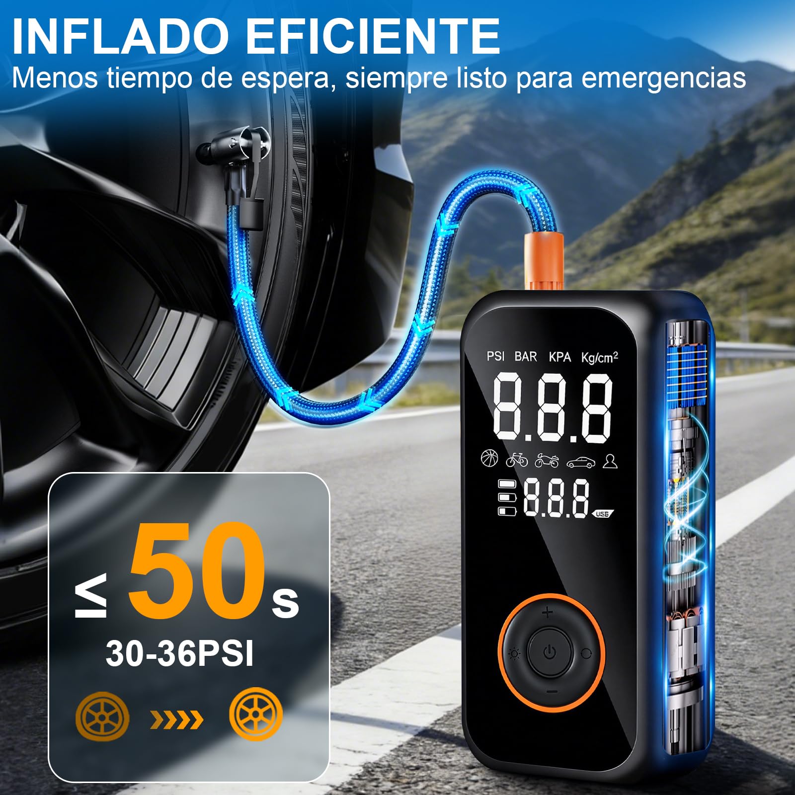 Mini Compresor Aire Portatil, 8000mAh Inflador Ruedas Coche | 150PSI Inflador Electrico Biciclet Con Pantalla LCD Digital y linterna LED