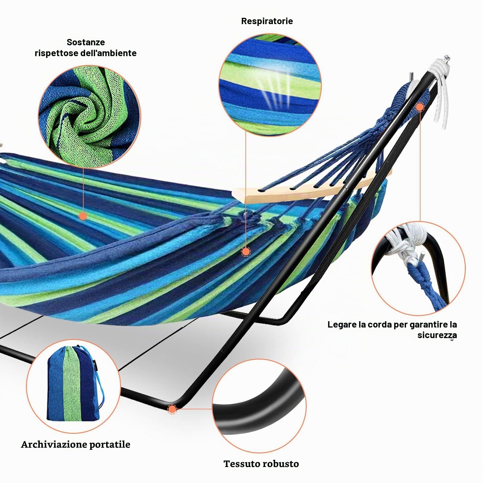 Amaca per 1-2 persone, amaca con telaio per interni ed esterni, 195 * 80 cm, capacità di carico fino a 135 kg Portatile con borsa per il trasporto per balcone, giardino, campeggio