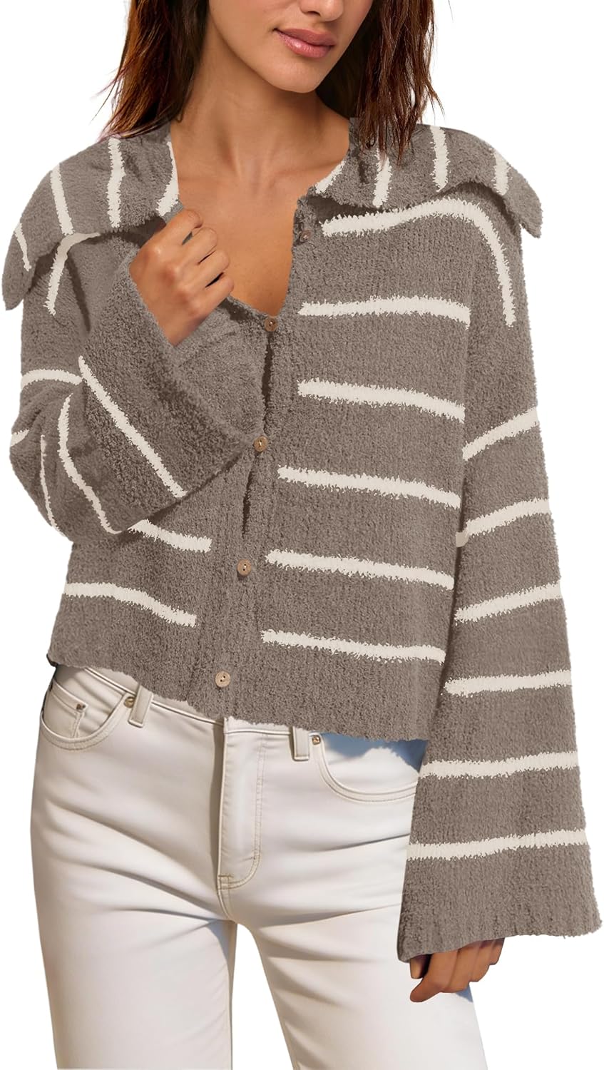 Panadila Womens Striped Sweater Collared Button Up Cardigans Long Sleeve Cropped Sweaters Oversized Cardigan - Image 3