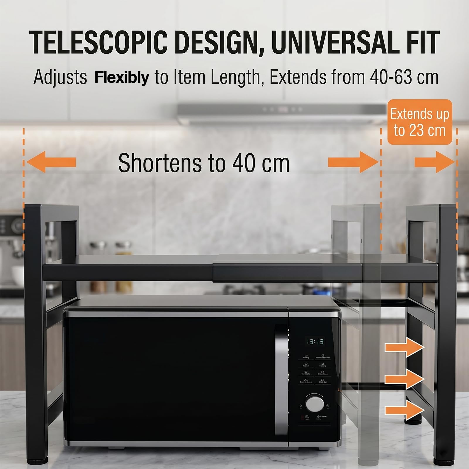 Scaffale per microonde, supporto da cucina espandibile con porta accessori, ripiano telescopico in acciaio al carbonio, nero, organizer per microonde e utensili da cucina, ideale per cucine