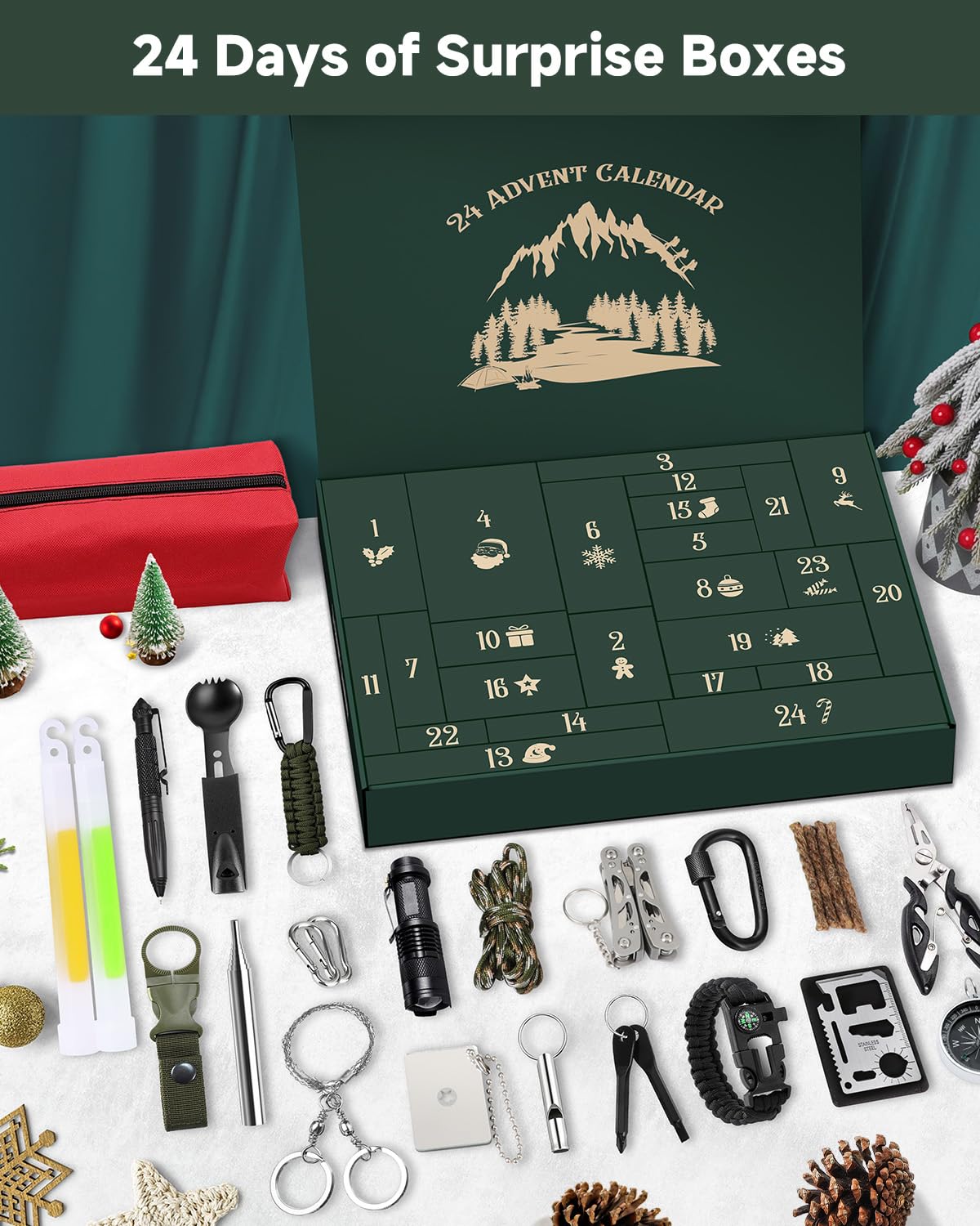 Calendario de Adviento Hombre 2025, Kit de Supervivencia Militar Multifuncional, Regalos Navidad para Aire Libre