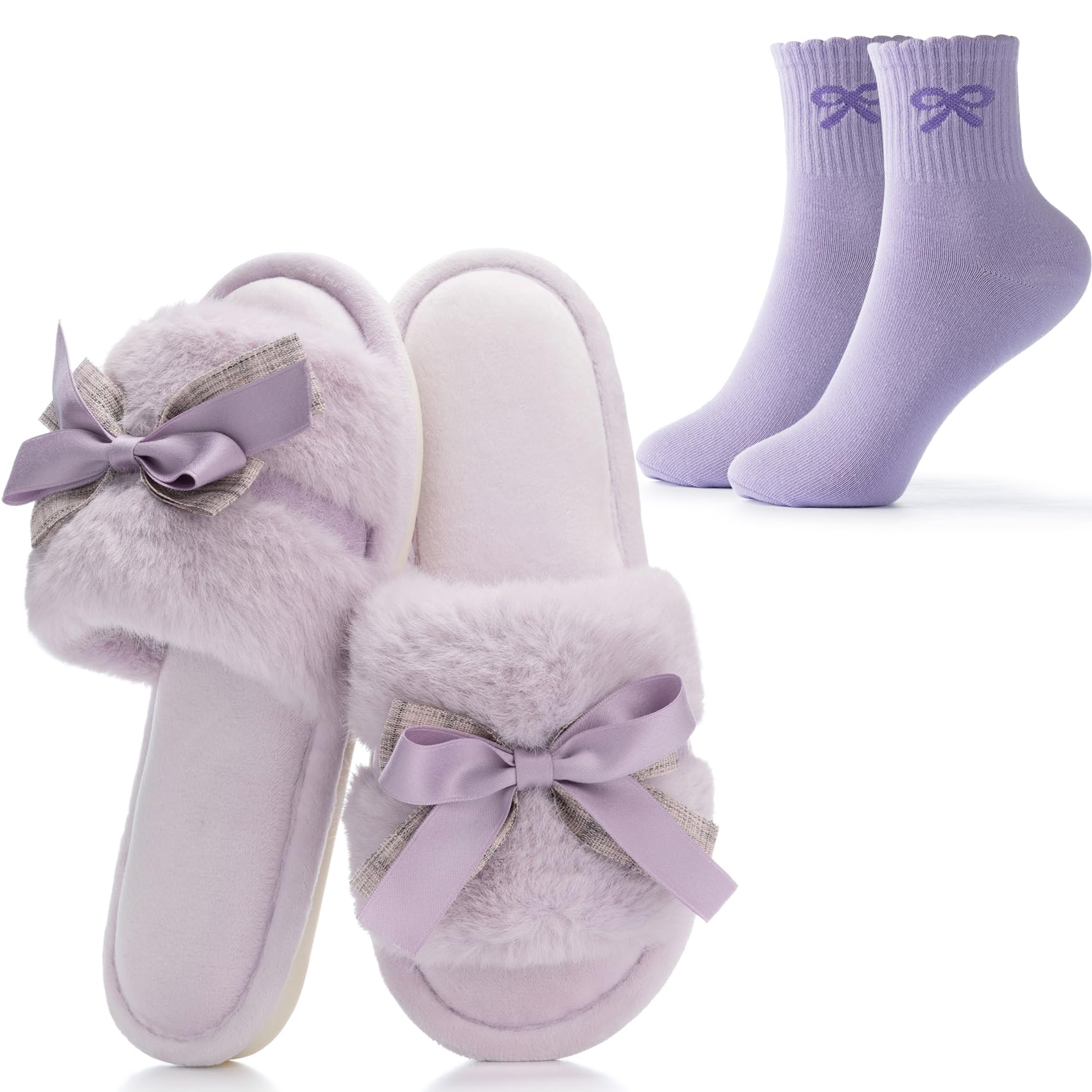 Fuzzy Bow Slippers and Cute Socks Gifts Set for Women House Slippers with Memory Foam Cozy Crew Socks