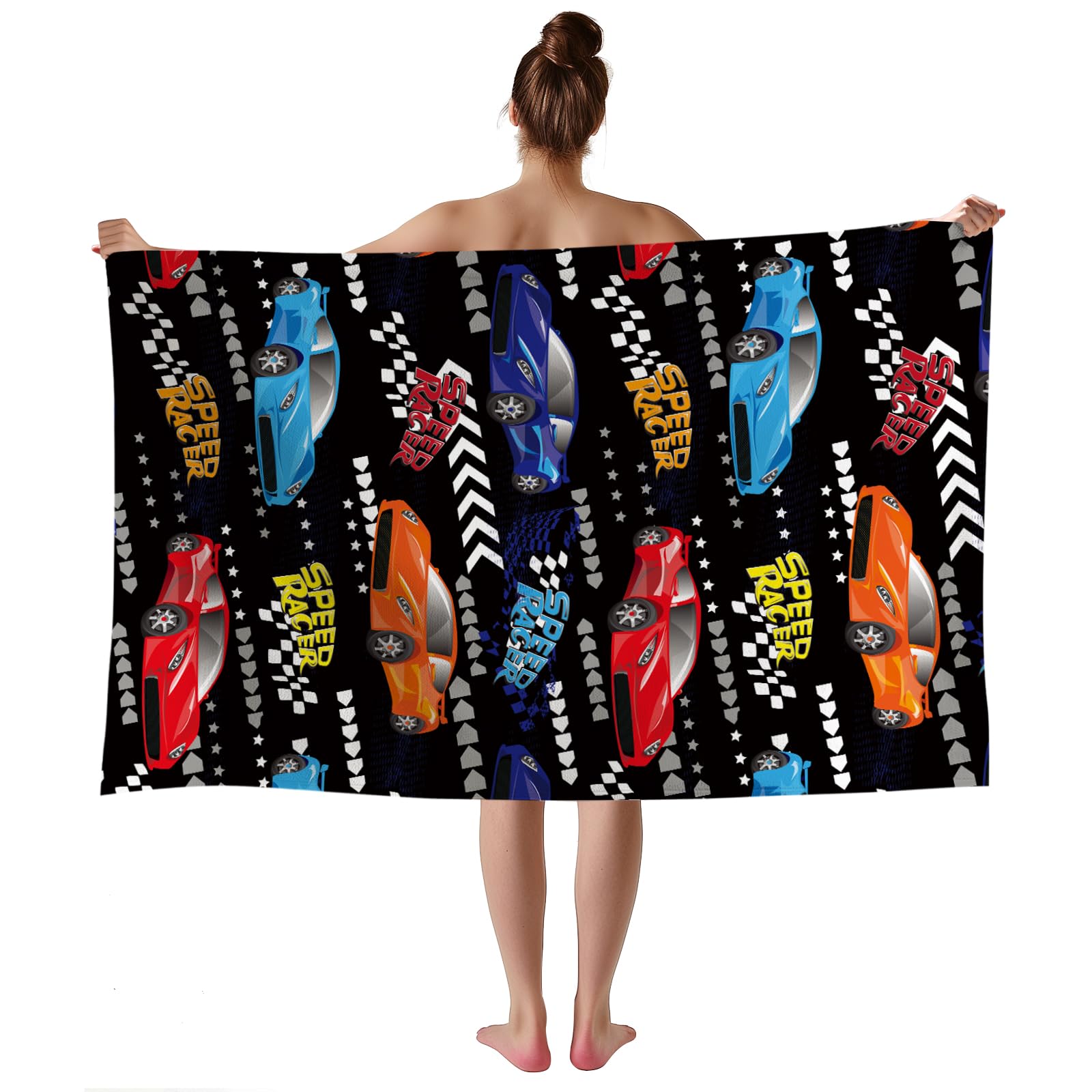 WZOMT Kids Race Car Beach Towel Funny Colorful Sports Car Speed Racer Bath Towel for Boys Toddler, Microfiber Soft Quick Dry Sand Proof Bathroom Pool