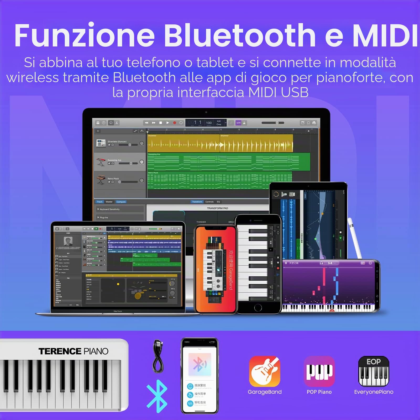 TERENCE Pieghevole Pianoforte Digitale con 88 Tasti semi-ponderati e interfaccia USB MIDI supporto spartiti Bluetooth Borse per Tastiera Cavo audio Cuffie Pedale Sustain Bianco