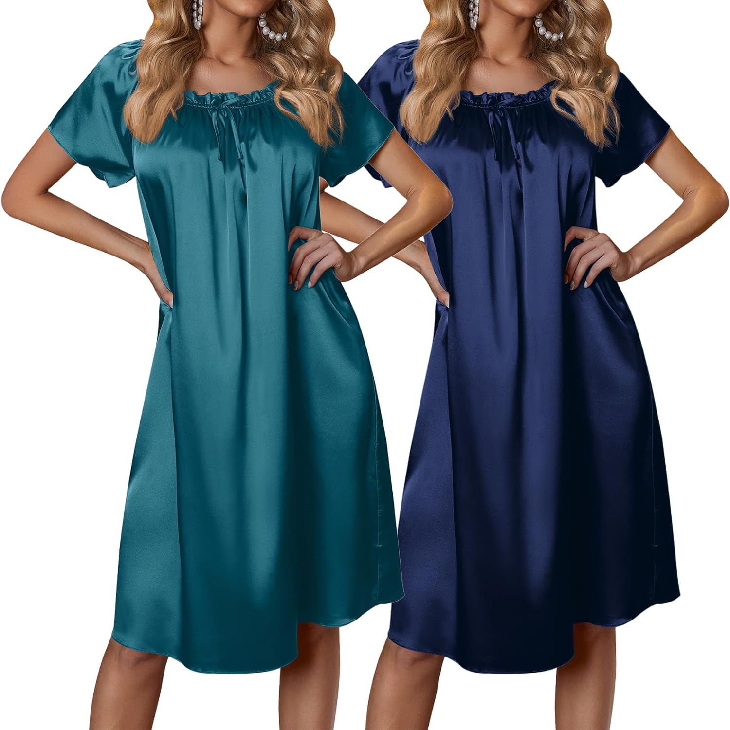 Ekouaer Satin Nightgowns for Women 2 Pack Silk Nightgown Pleated Loose Night Shirts Short Sleeve Sleep Shirts