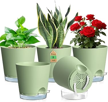 WSMKSZ 20cm Self Watering Plant Pots Indoor, 5 Pack Flower Pots, Green