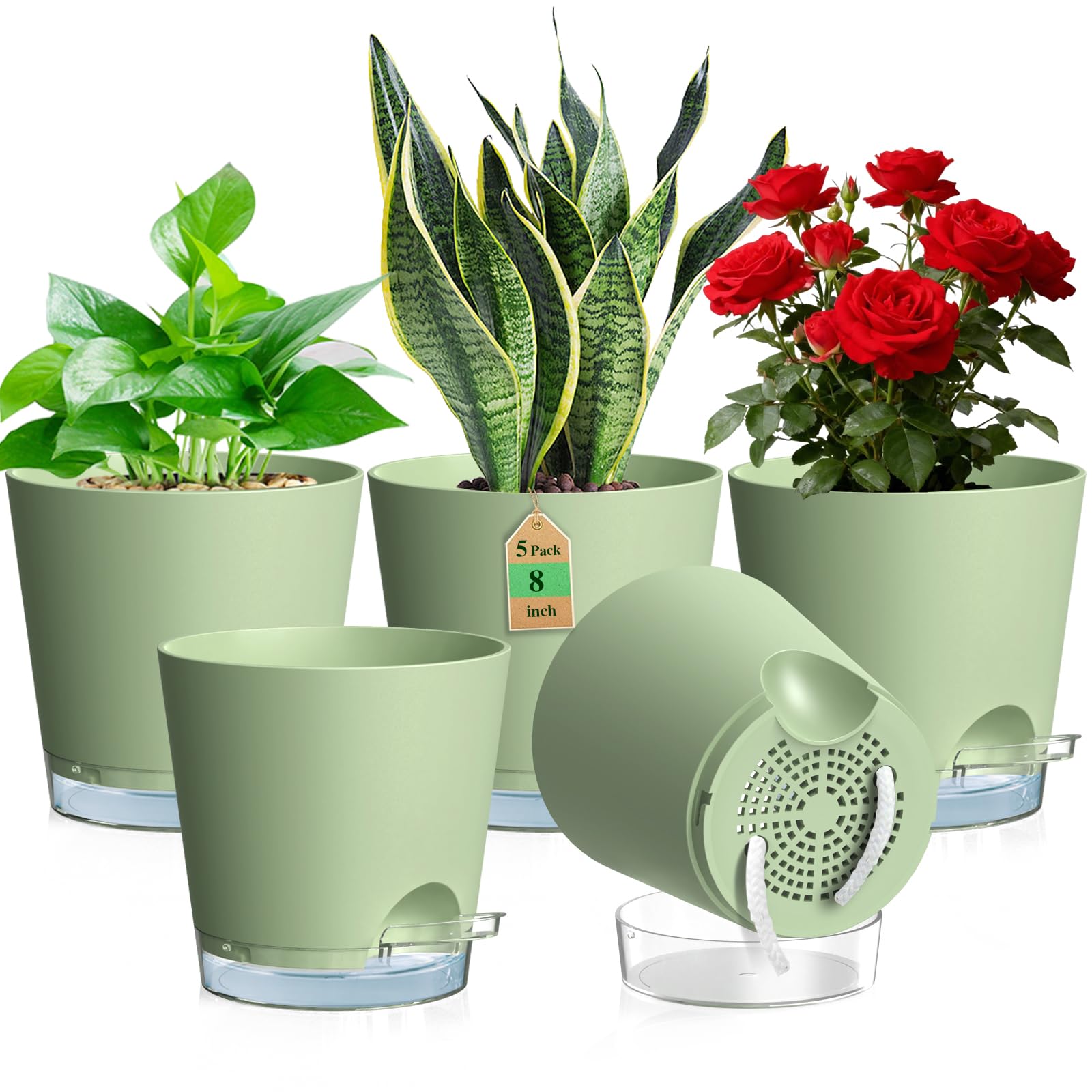 WSMKSZ 20 cm Self Watering Plant Pots Indoor, 5 Pack Thick Plastic Flower Pots with Clear Reservoir, Visible Water Level and Drainage Holes, Medium Planter Pots with Cotton Wick for Outdoor, Green