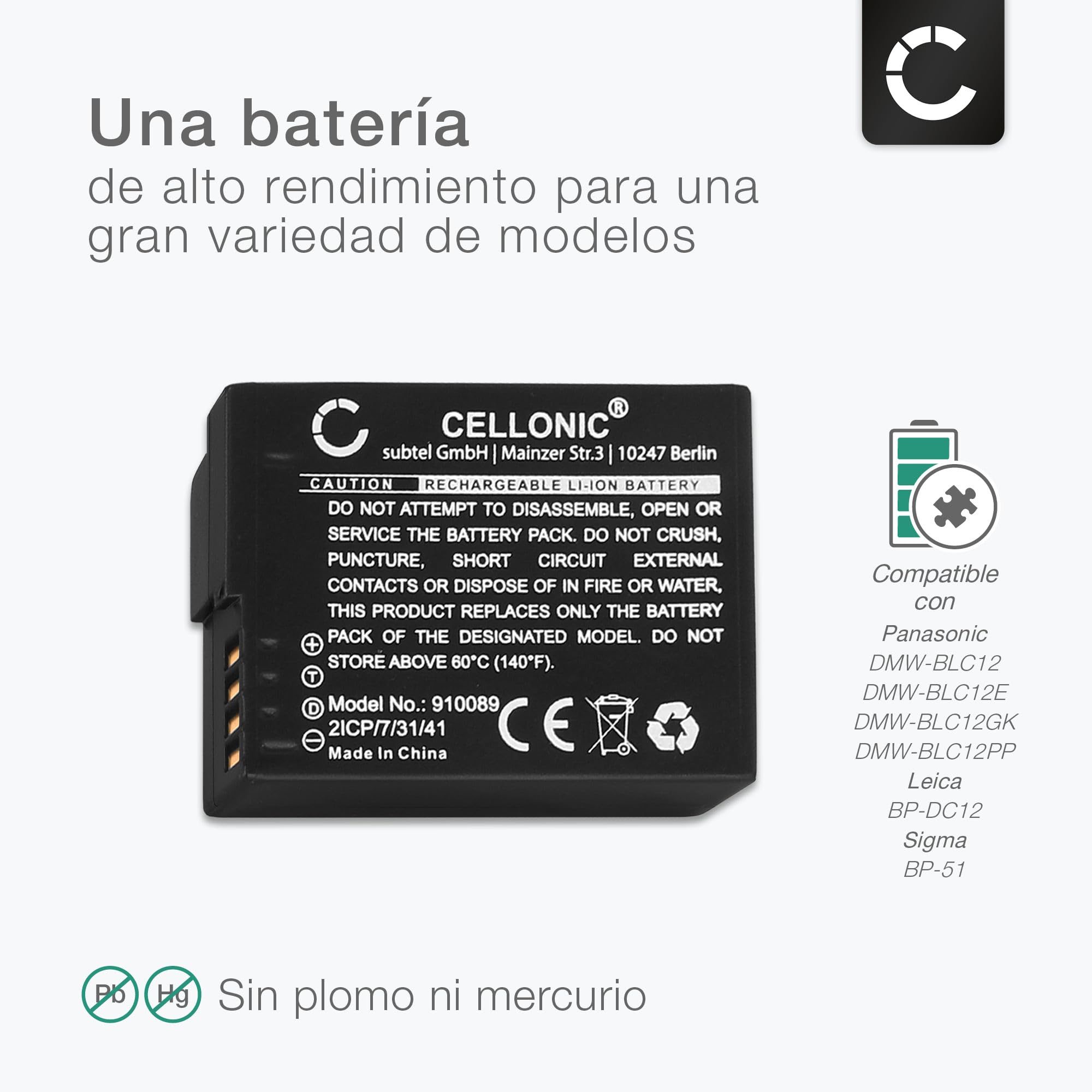 CELLONIC 1x Batería para Cámara Compatible con Panasonic Lumix DMC-FZ1000, Lumix DMC-FZ300, Lumix DMC-FZ2000, DMW-BLC12 - (1000mAh, 7.4V)