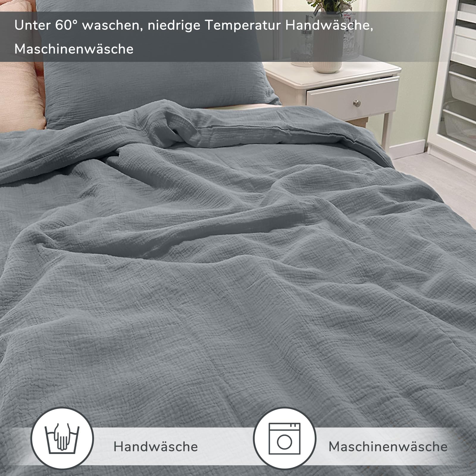 DerF HOME Musselin Bettwäsche 155x200 cm mit Kissenbezug 80x80 Rauchgrau | 100% Baumwolle, doppellagige Musselin Qualität, weich, atmungsaktiv, hautfreundlich, pflegeleicht, OEKO-TEX Standard 100