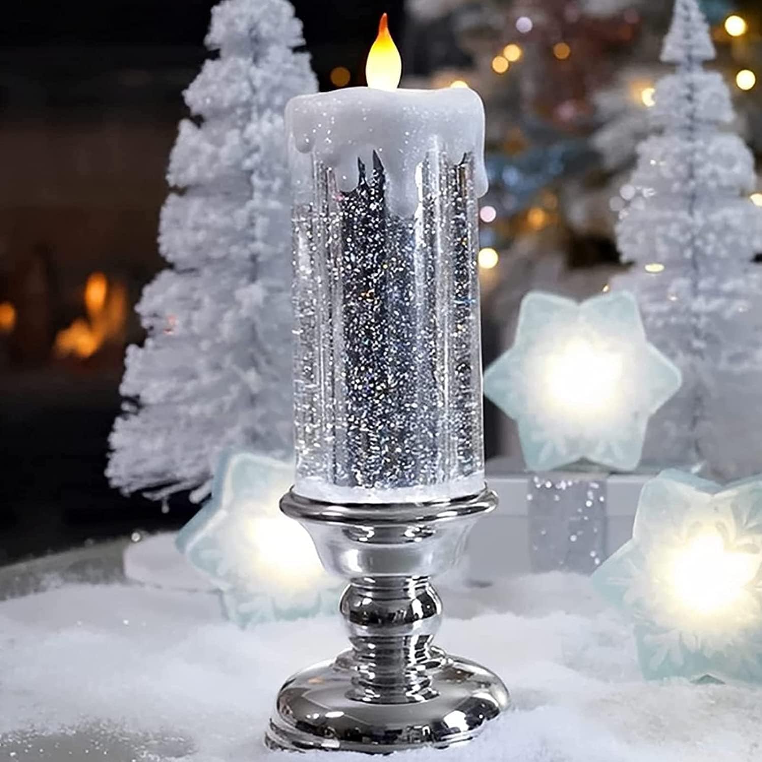 YumSur Christmas Candles with Pedestal, 7 Color Changing USB Rechargeable or Battery Color Changing Waterproof Rotating Glitter Flameless Candles for