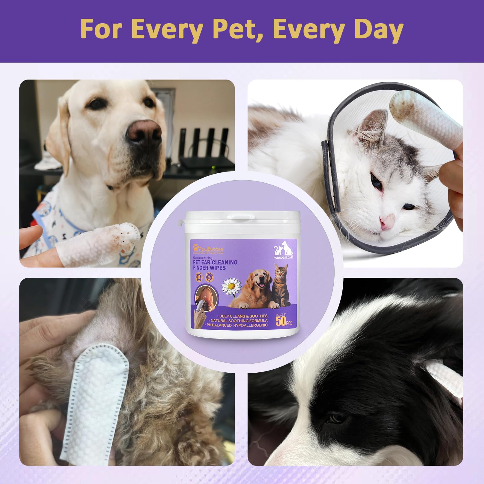 Ear Wipes for Dogs and Cats, Dog Ear Finger Wipes, Gentle Ear Cleaner for Wax, Dirt & Odor, Relieves Discomfort & Soothes Ears, Non-Irritating, 50 Count - image 7