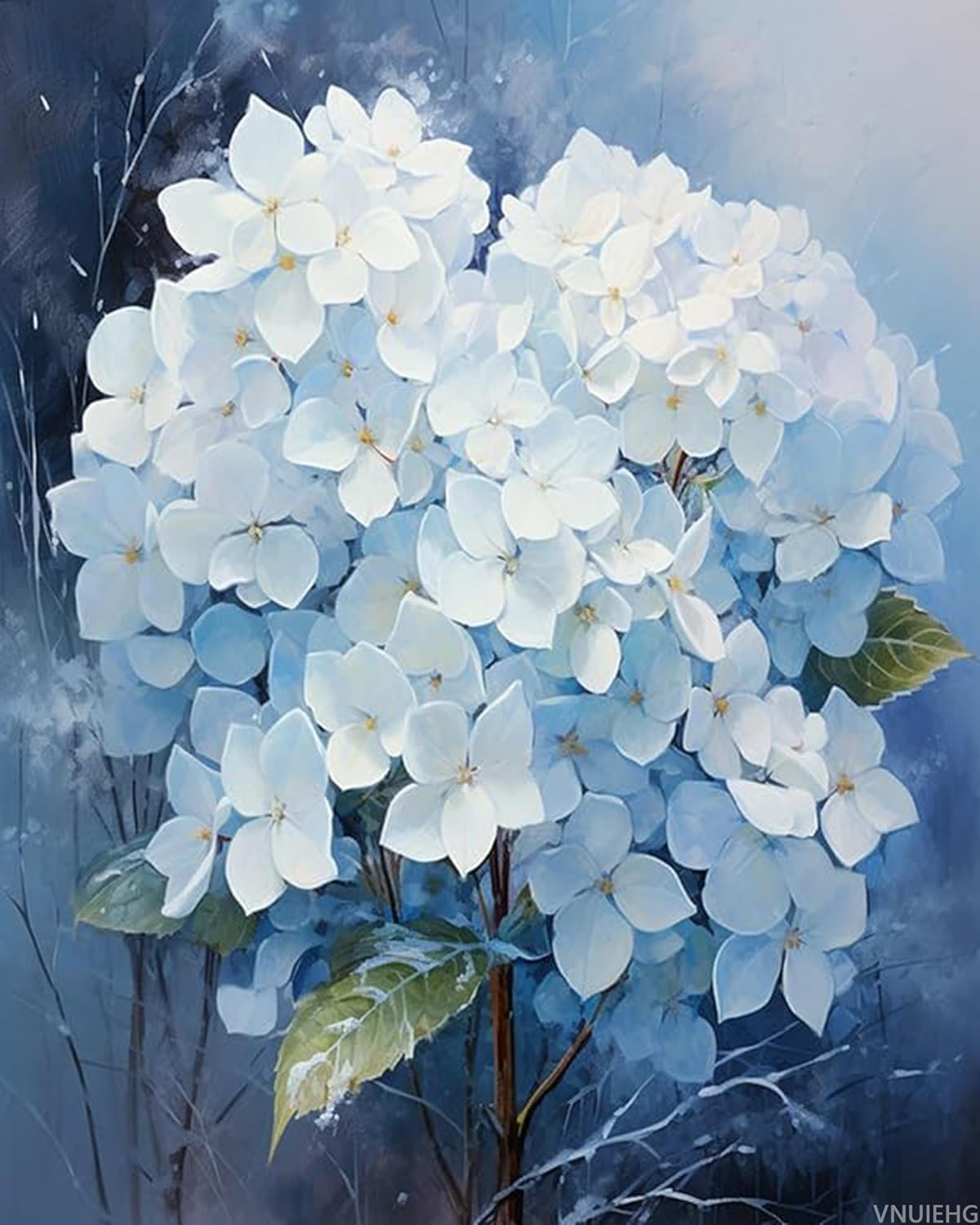 VNUIEHG Canvas DIY Oil Painting for Adults Beginner, Blue Hydrangea Snow Scene, Paint by Number Kits with Brushes and Acrylic Pigment, 40x50cm, Without Frame