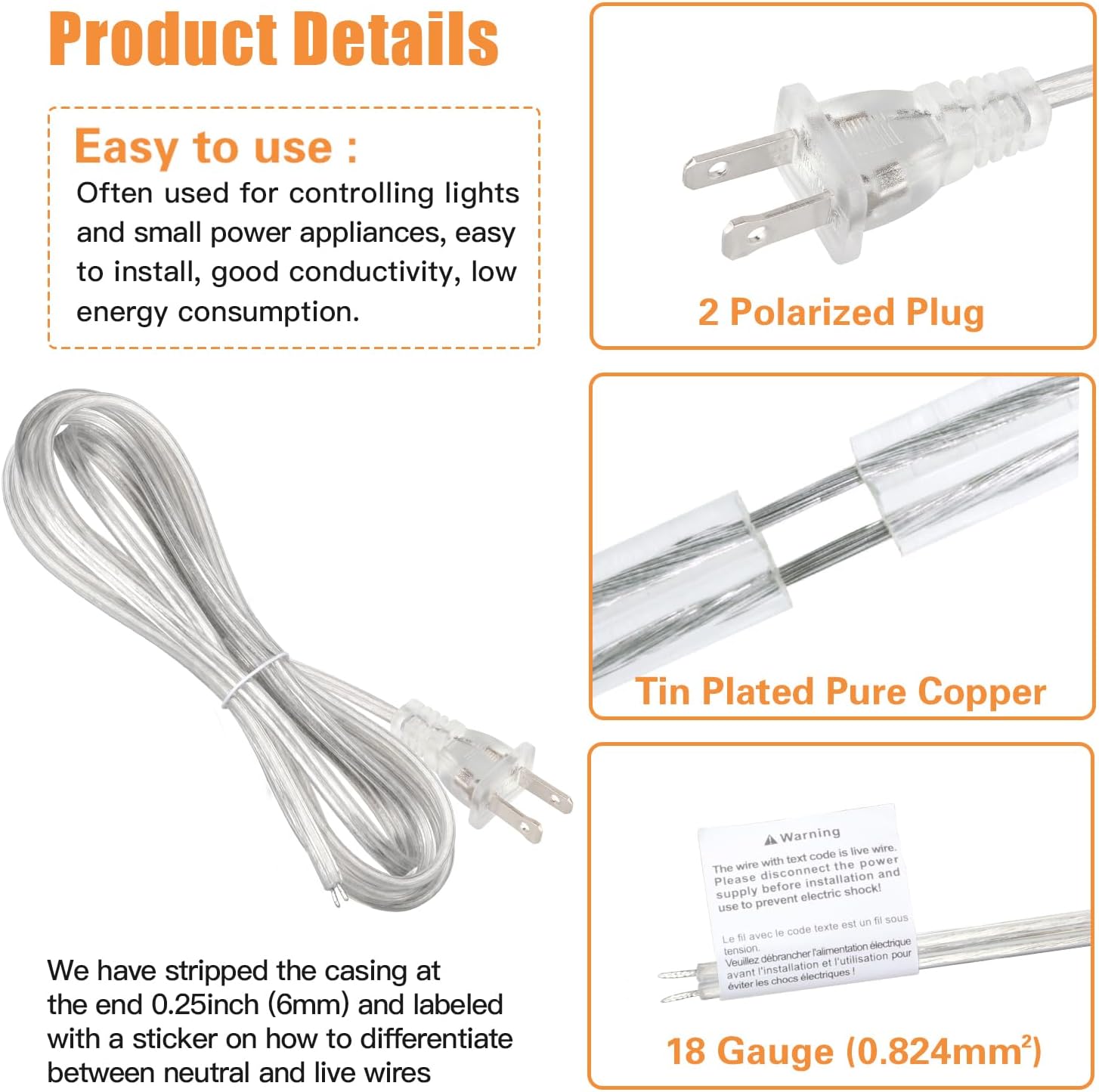 8 FT Lamp Cord with Plug, Replacement Lamp Wire with Plug, Clear SPT-2 Lamp Cord Wire Set 2 Polarized Molded Plug 18 AWG Power Cord, 8 Feet DIY Rewiring Repair Wiring Electrical Light Cords