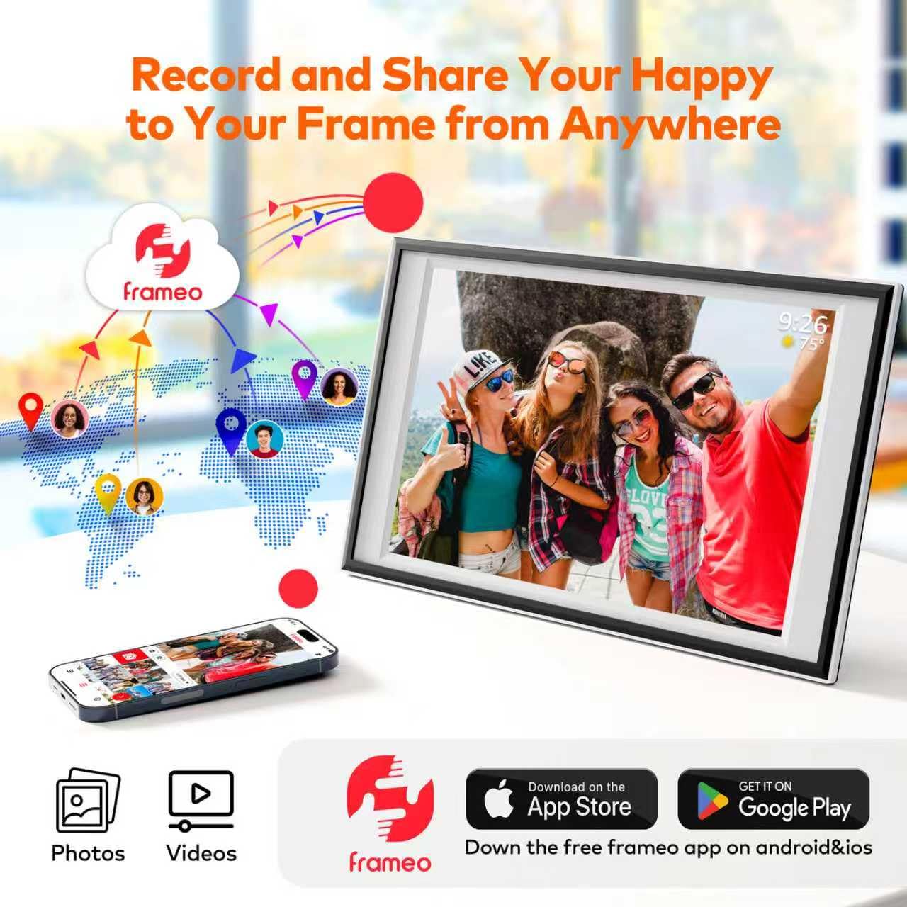 Frameo Cadre photo numérique 12,7 pouces 64 Go, 1440 x 1080p IPS Touch Electronic Photo Frame Rotation automatique et support mural, USB et carte SD, partage de photos/vidéos