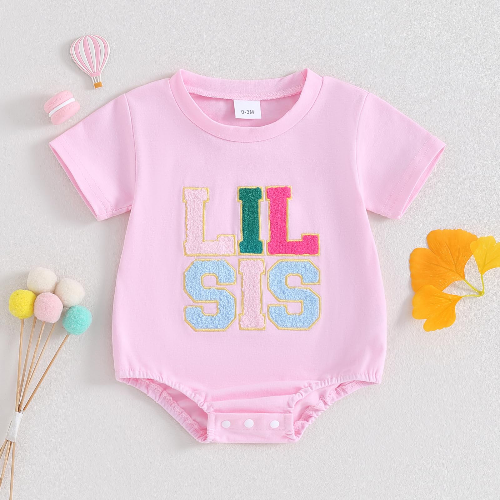 VISGOGO Little Sister Matching Outfits Set Infant Baby Girls Romper Embroidery Clothes Newborn Onesie (Pink-Lil Sis, 6-12 Months)