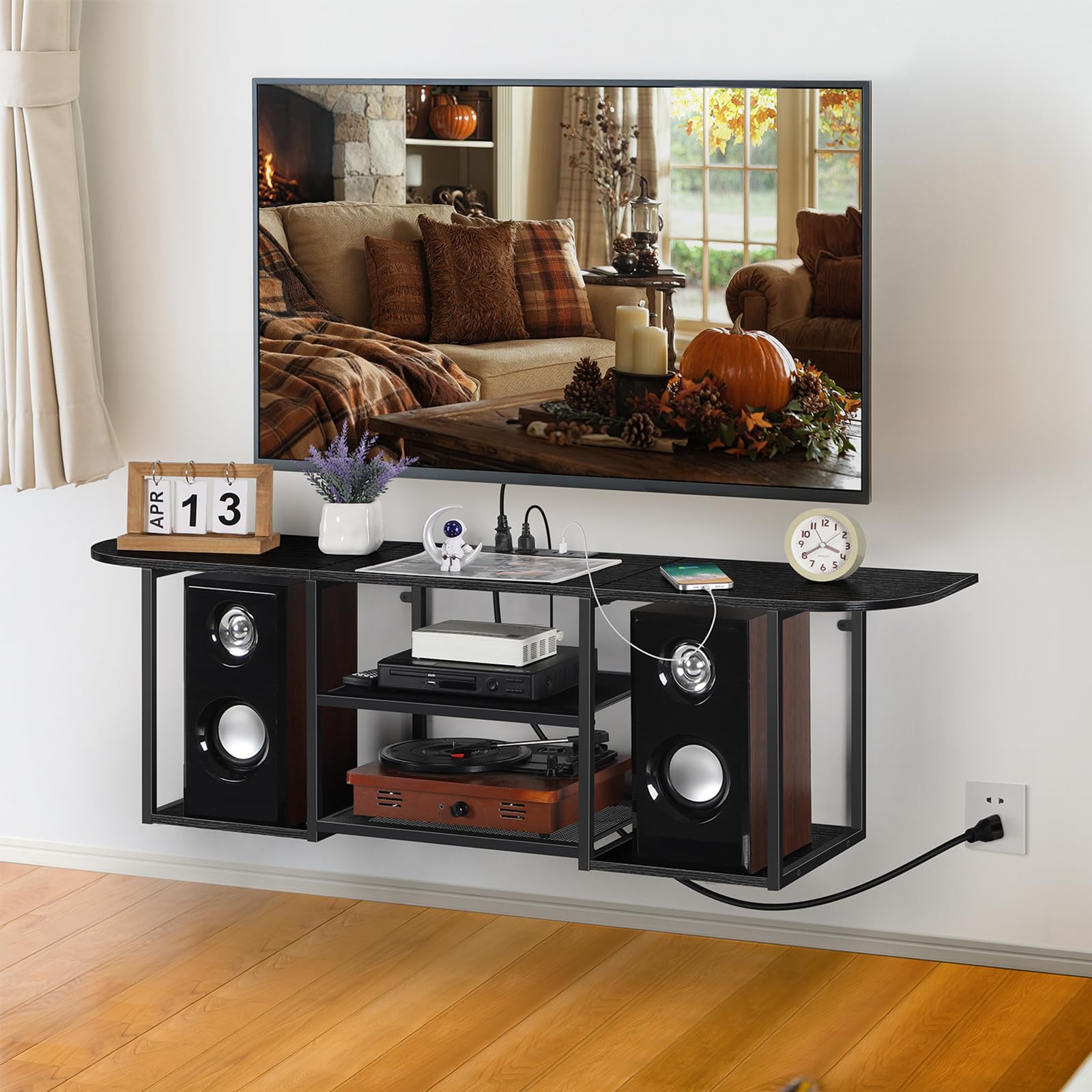 ETELI Floating TV Stand with Power Outlet Wall Mounted Under TV Shelf with Storage Floating Entertainment Center Media Console Table for Living Room