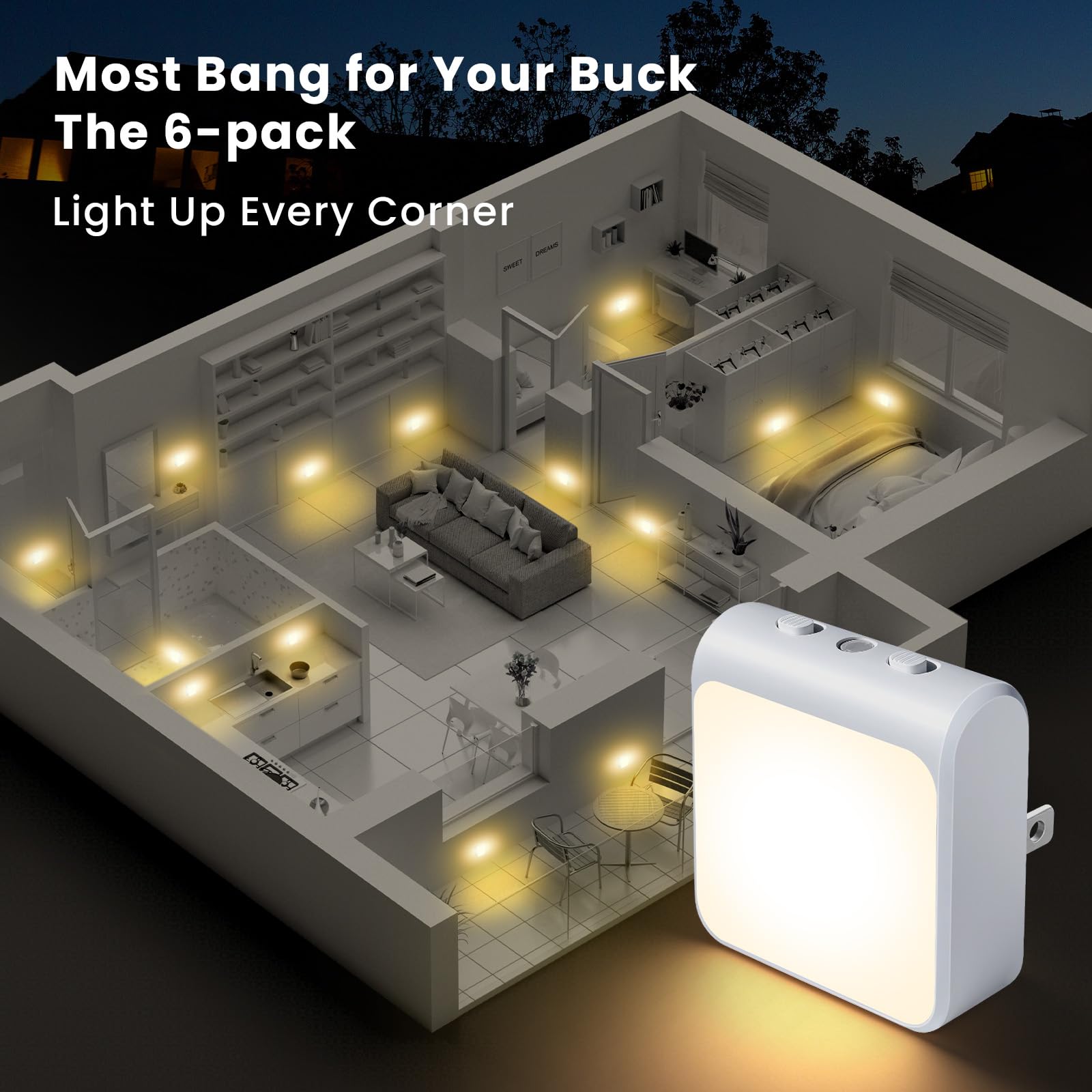 6-Pack Dimmable LED Night Lights Plug into Wall with Dusk to Dawn Sensor 2 Color in 1 Plug — view 7