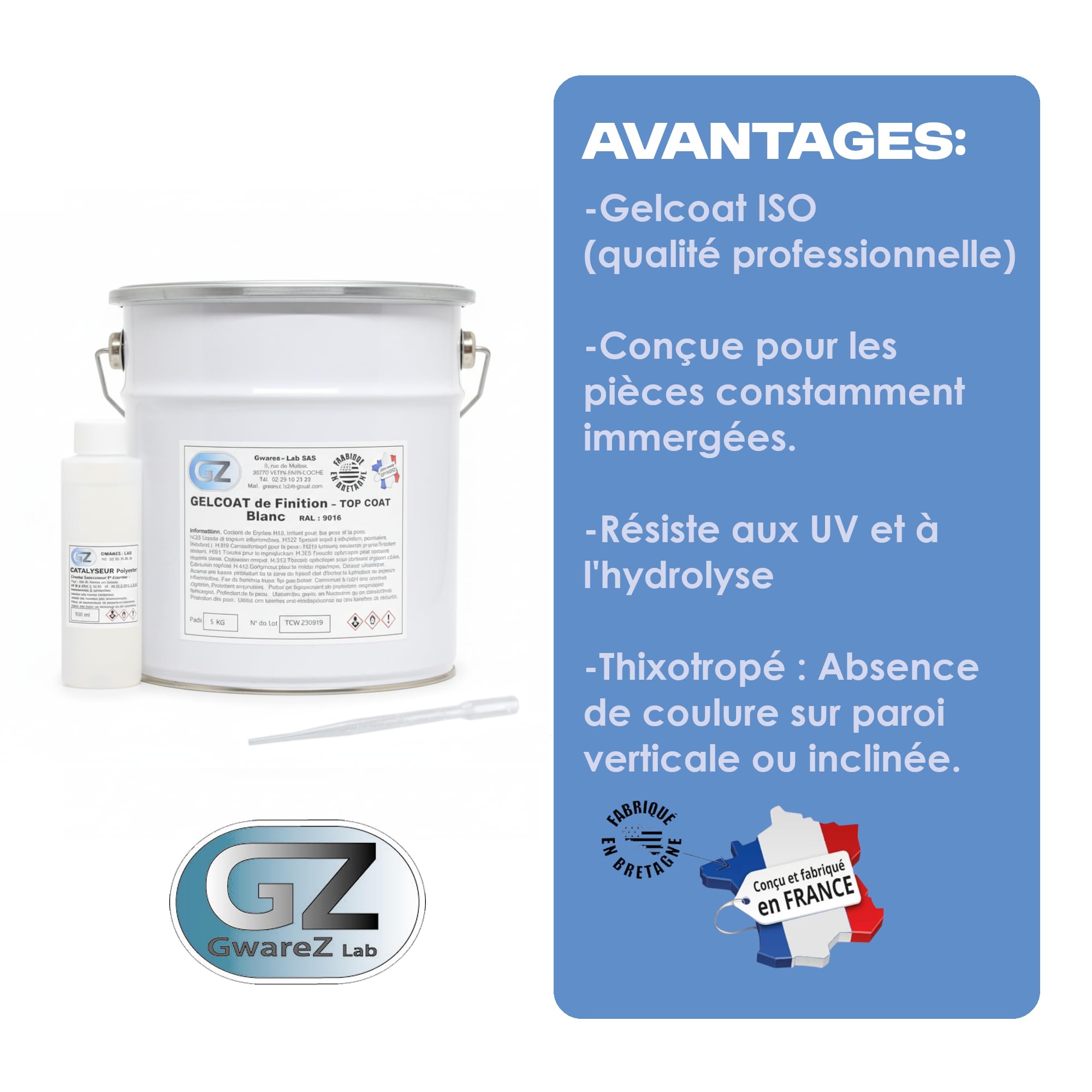 Gelcoat Blanc 5 Kg pour Bateau + Catalyseur + Pipette de Dosage