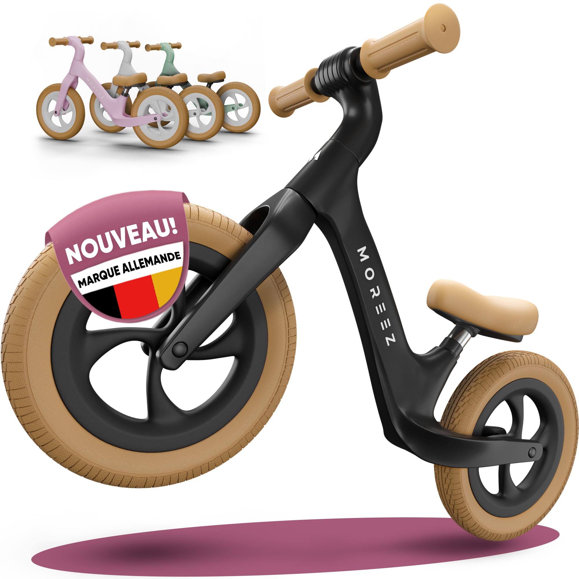 MOREEZ Draisienne à partir de 2 ans [2-5 ans] Roue ultra légère pour enfant avec protection contre les chutes, siège ergonomique, roues de 12 pouces anti-crevaison de 50 kg, repose-pieds antidérapant