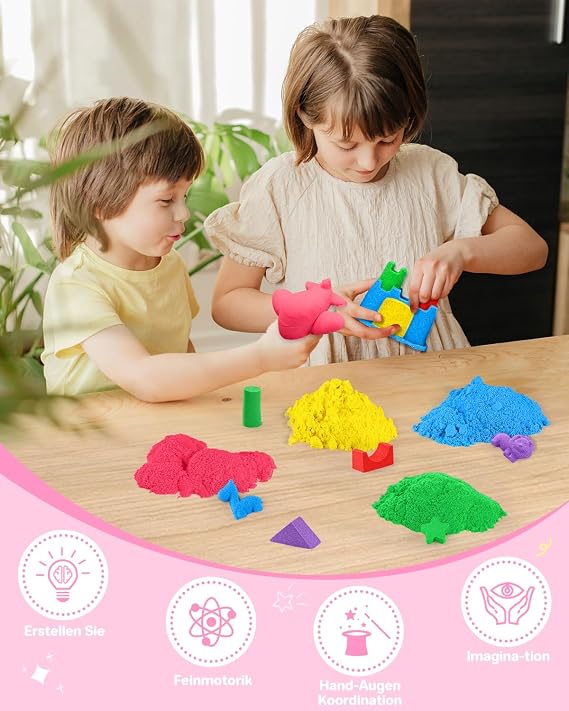 AtMini Wonder Sand Rainbow Mix Set - 5 kg Play Sand with 6 Colours Kneading Sand for Children Sandbox with Lid for Children 3 4 5 6 7+ Years Old (Pink)