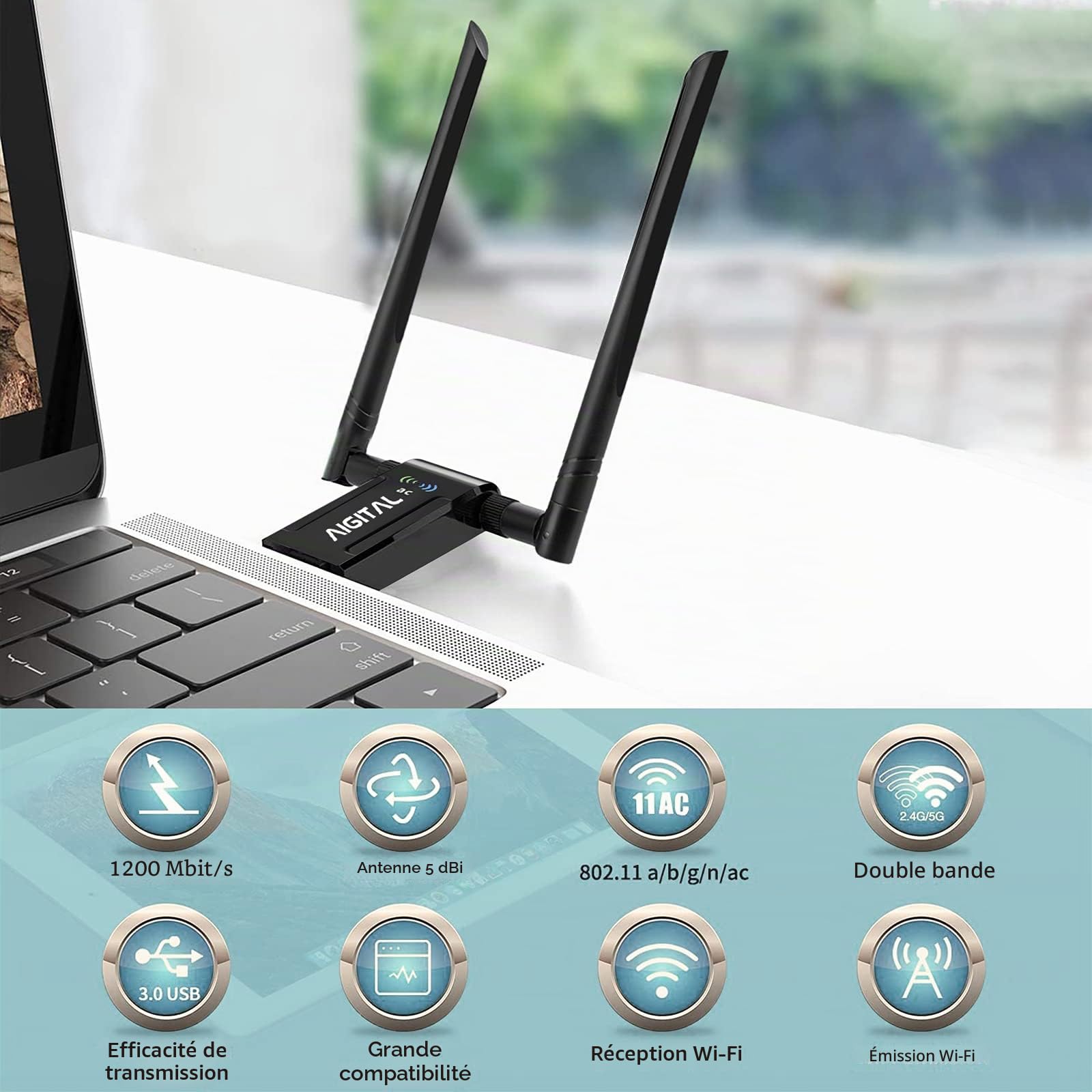 Clé WiFi AC1200Mbps, Dongle WiFi, WiFi USB, Adaptateur USB WiFi puissante avec Un Socle USB 3.0 et Un Câble d'Extension de 65cm Garantie 2 Ans, Compatible avec Windows 10/8.1/8/7 et macOS pour PC