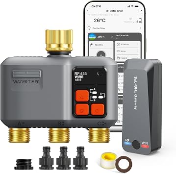 johgee Smart WiFi Water Timer 3 zone for Irrigation with Brass Inlet&Outlet | 300M Range, 3 Outlet Remote Control Sprinkler Hose Timer for Garden Hose,Rain Delay,WiFi Irrigation Sprinkler Controller