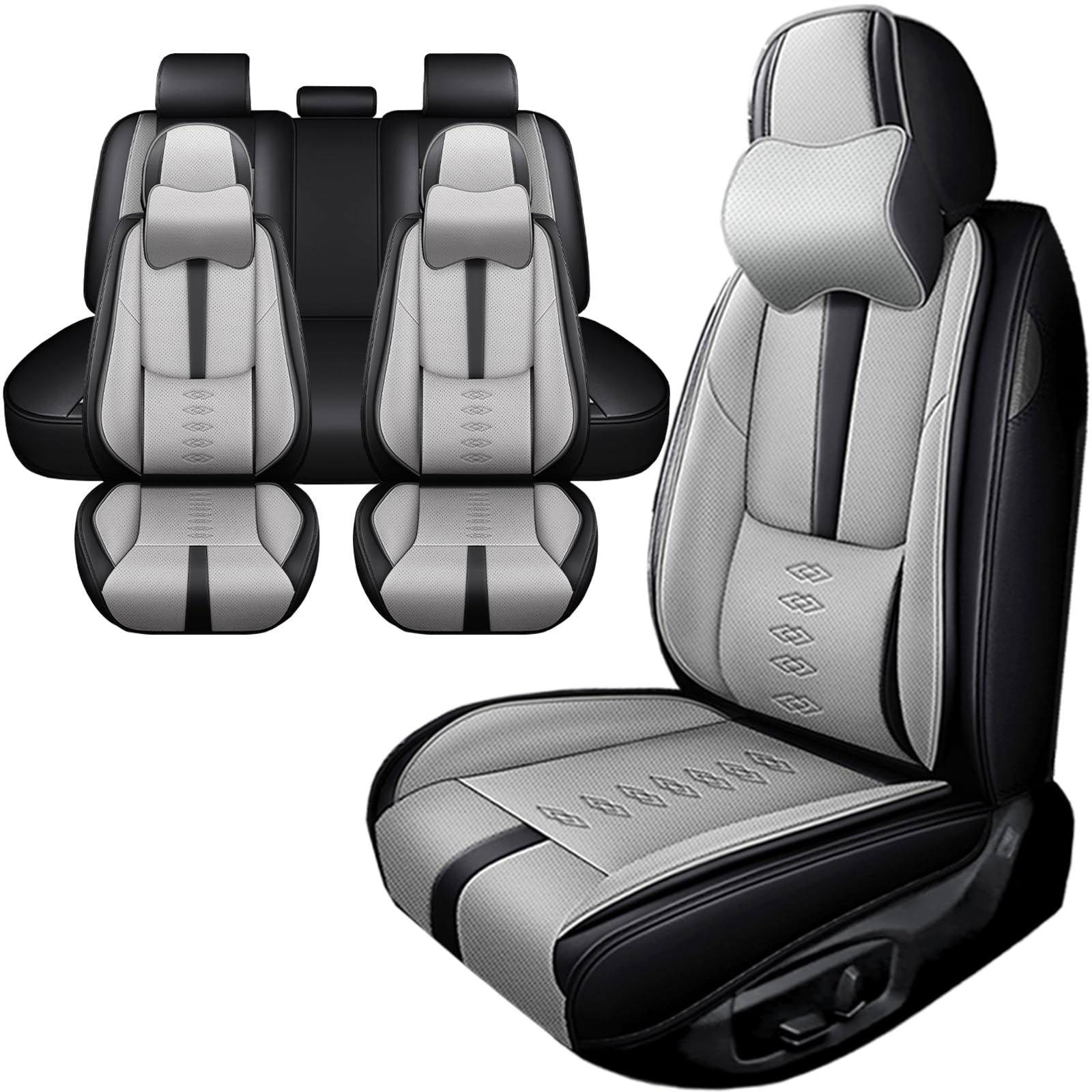 Car Seat Covers for Neon,for Dodge Neon 2000-2005,Leather Full Set Seat Covers,Airbag-Compatible Car Seat Protectors,Waterproof Seat Cover for Cars(Black+Gray,5PCS/with Pillows)