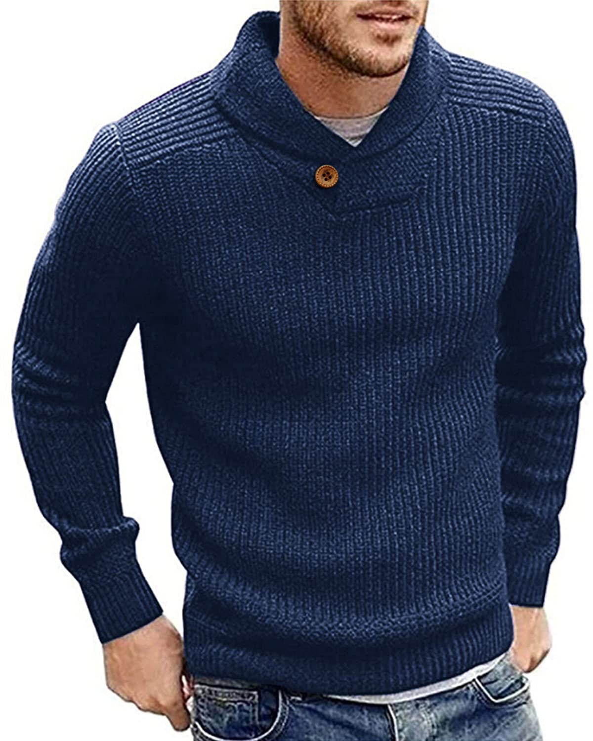 Runcati Maglione da uomo con collo a scialle, maglia fine, maglione invernale elegante, vestibilità regolare