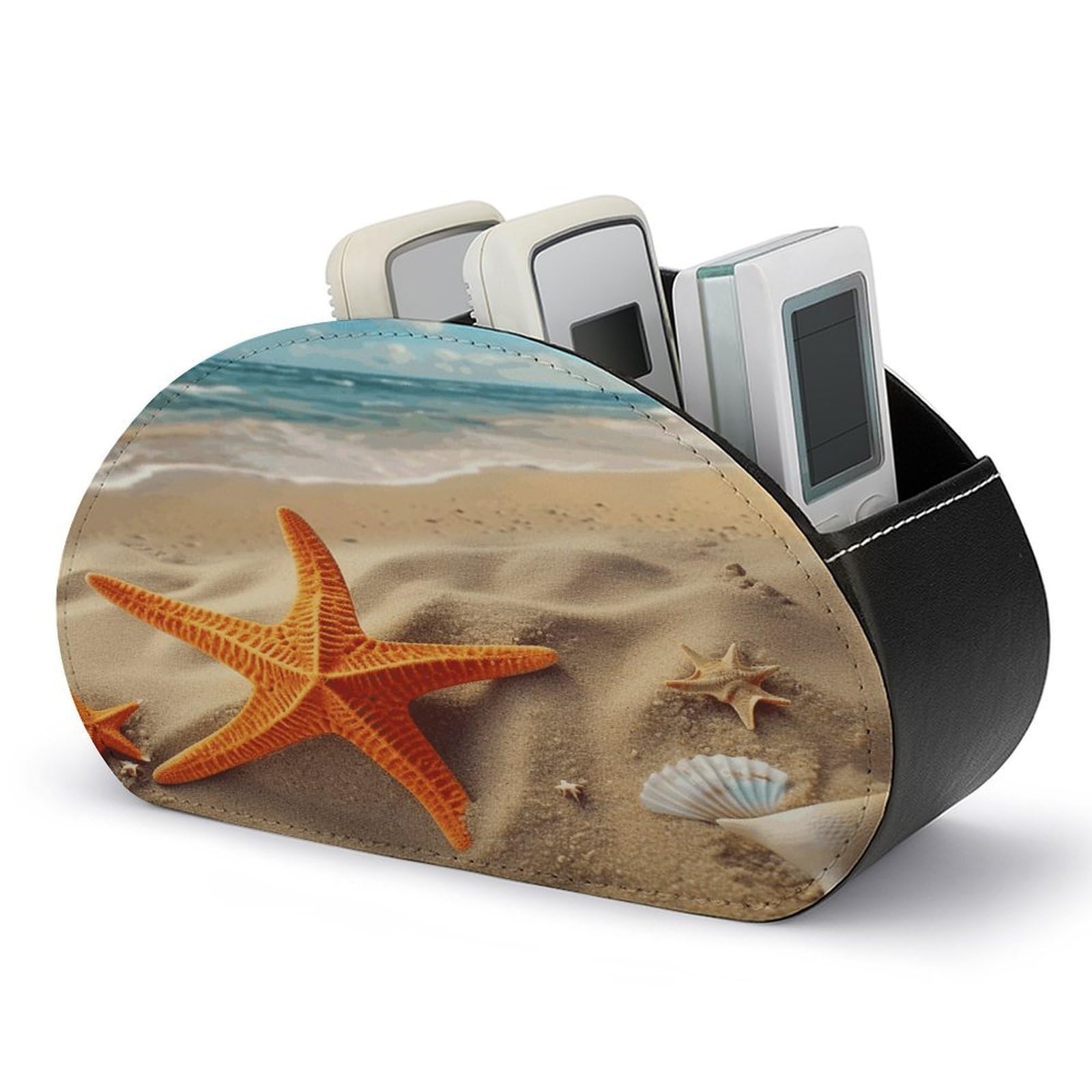 FekiLoot Sea Beach Starfish Remote Control Holder, PU Leather Remote Control Organizer Box Stationery Remote Control Box Desk Storage Organizer for DVDs,Glasses,Pens,Media Players
