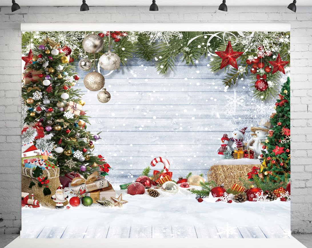 DHXXSC 10X8FT Christmas Wood Wall Photography Banner Backdrop Xmas Tree Snow Wall Background Xmas Party Supplies Family Kids Party Banner Decorations