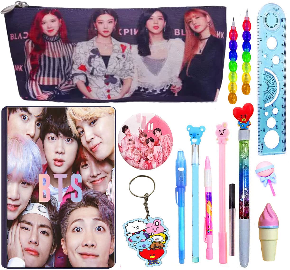 KOBBET Polyethylene Zipper 15pcs BTS Theme School Stationery Gift Set for Kids, BT-21 Army Theme Pencil Case, Diary, Pen, Pencil, Eraser (Style 8) (20x10x10cm) - Pack of 15 Multicolor
