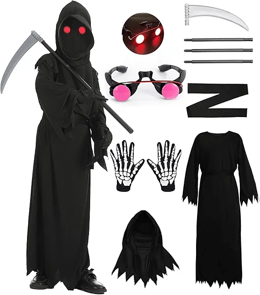 VYXIDEX Grim Reaper Costume for Kids Adults Halloween Scary Ghost Costume with Glowing Red Eyes Scythe Accessories Set