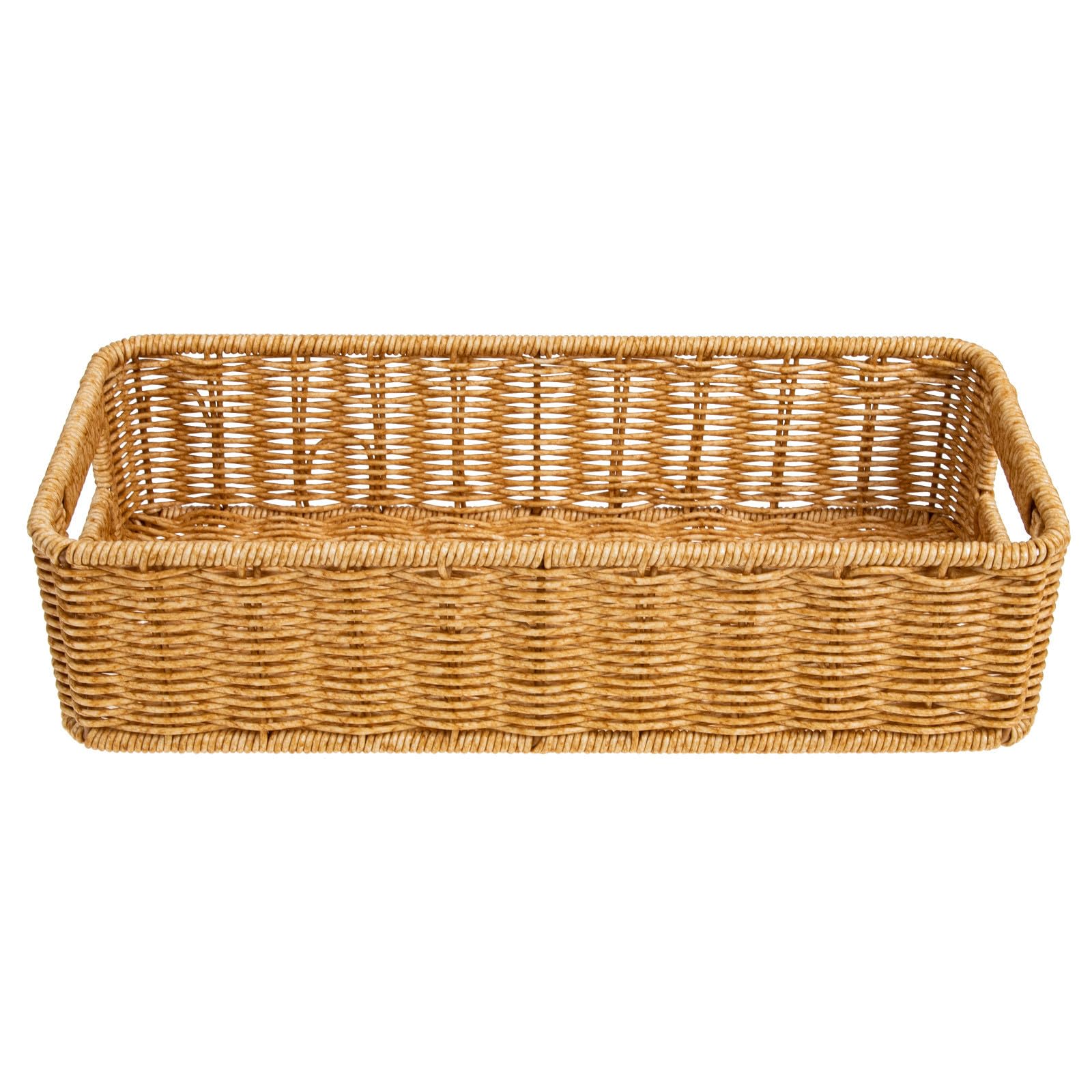 Cesta tejida de plástico rectangular marrón para organizar toallas en casa