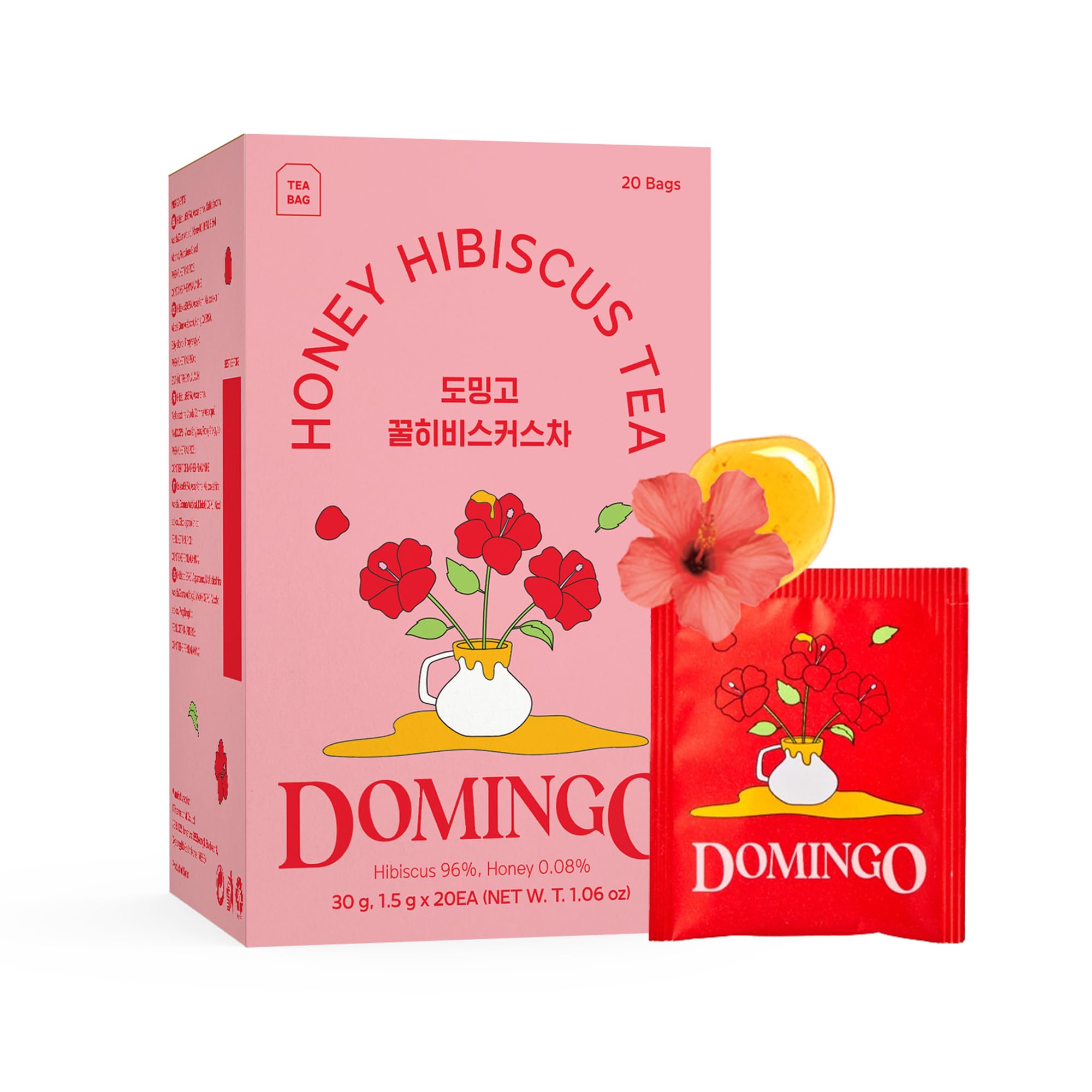 DOMINGO Honey Hibiscus Tea, Individually Wrapped Tea Bags, 20 Count, Caffeine Free, Sweetened with Honey, Exotic and Refreshing Blend