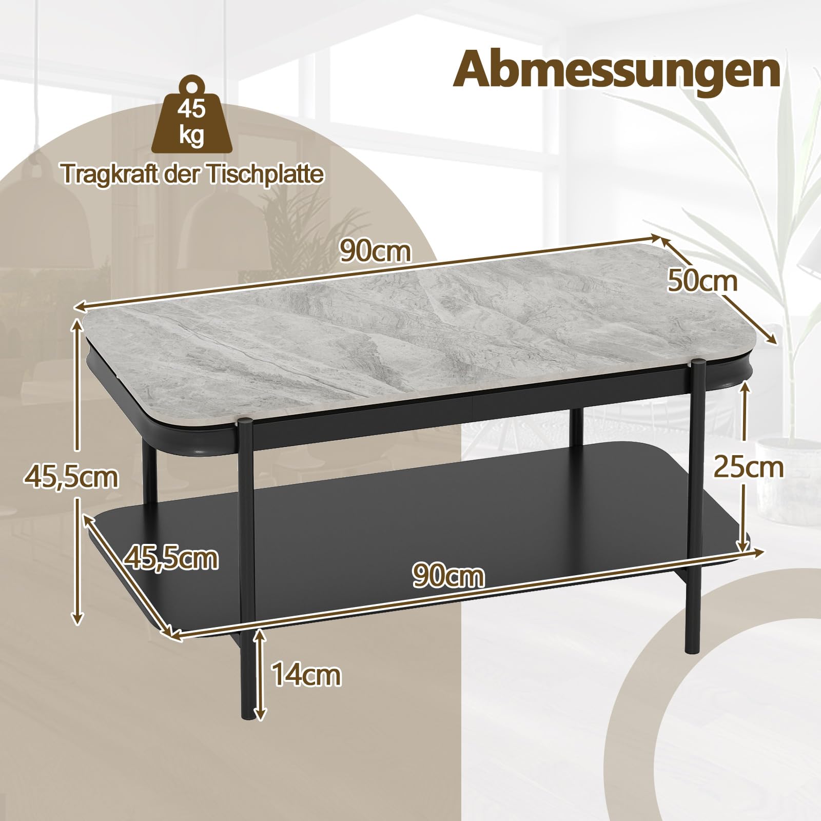 COSTWAY Couchtisch Marmor, Wohnzimmertisch mit 2 Ebenen & Metallrahmen, Sofatisch rechteckig, moderner Kaffeetisch für Wohnzimmer und Büro, 90 x 50 x 45,5 cm (Grau)
